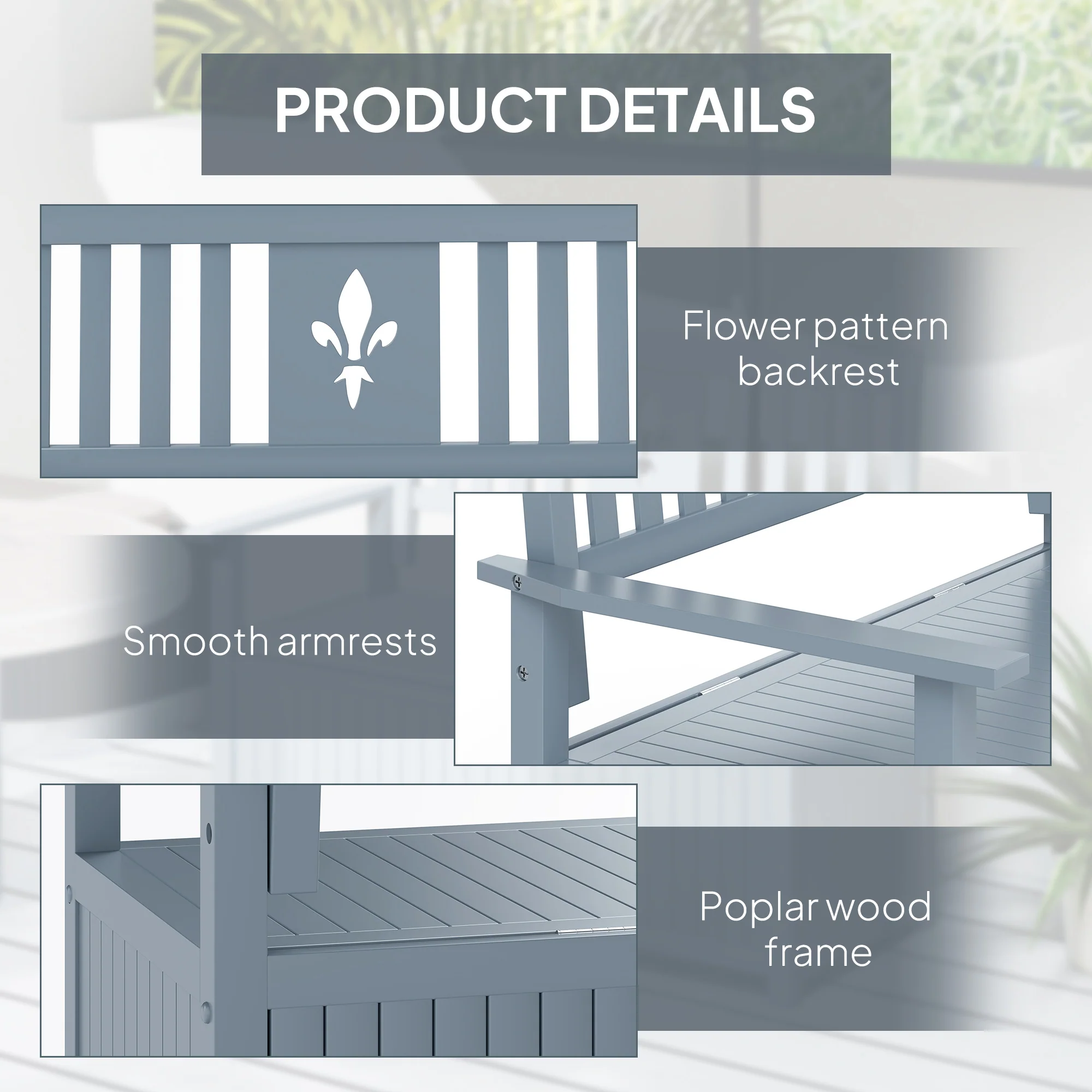 Outsunny 2 Seater Wood Garden Storage Bench Outdoor Storage Box Grey - Image 6