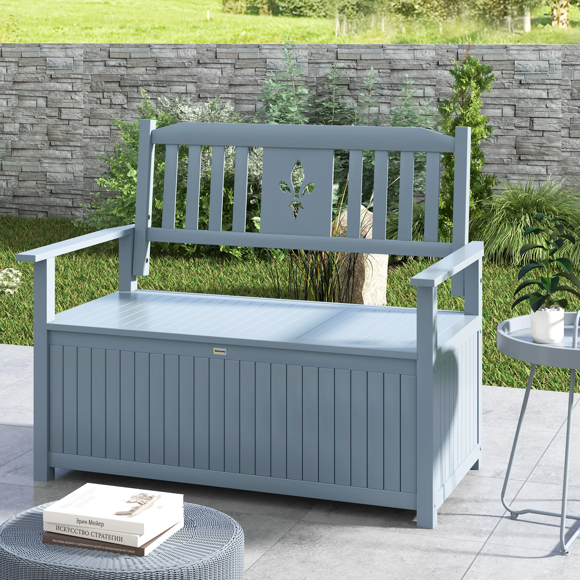 Outsunny 2 Seater Wood Garden Storage Bench Outdoor Storage Box Grey - Image 7