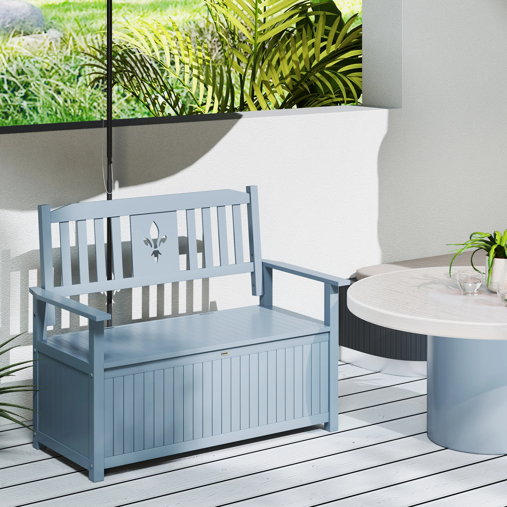 Outsunny 2 Seater Wood Garden Storage Bench Outdoor Storage Box Grey - Image 8