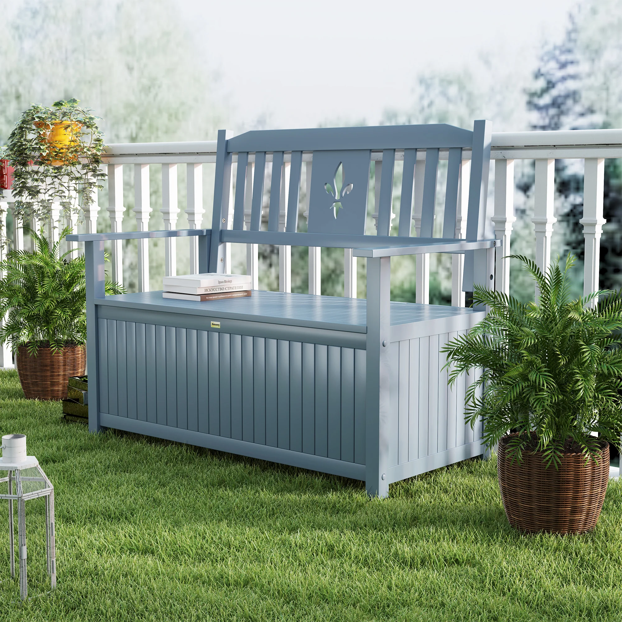 Outsunny 2 Seater Wood Garden Storage Bench Outdoor Storage Box Grey - Image 9