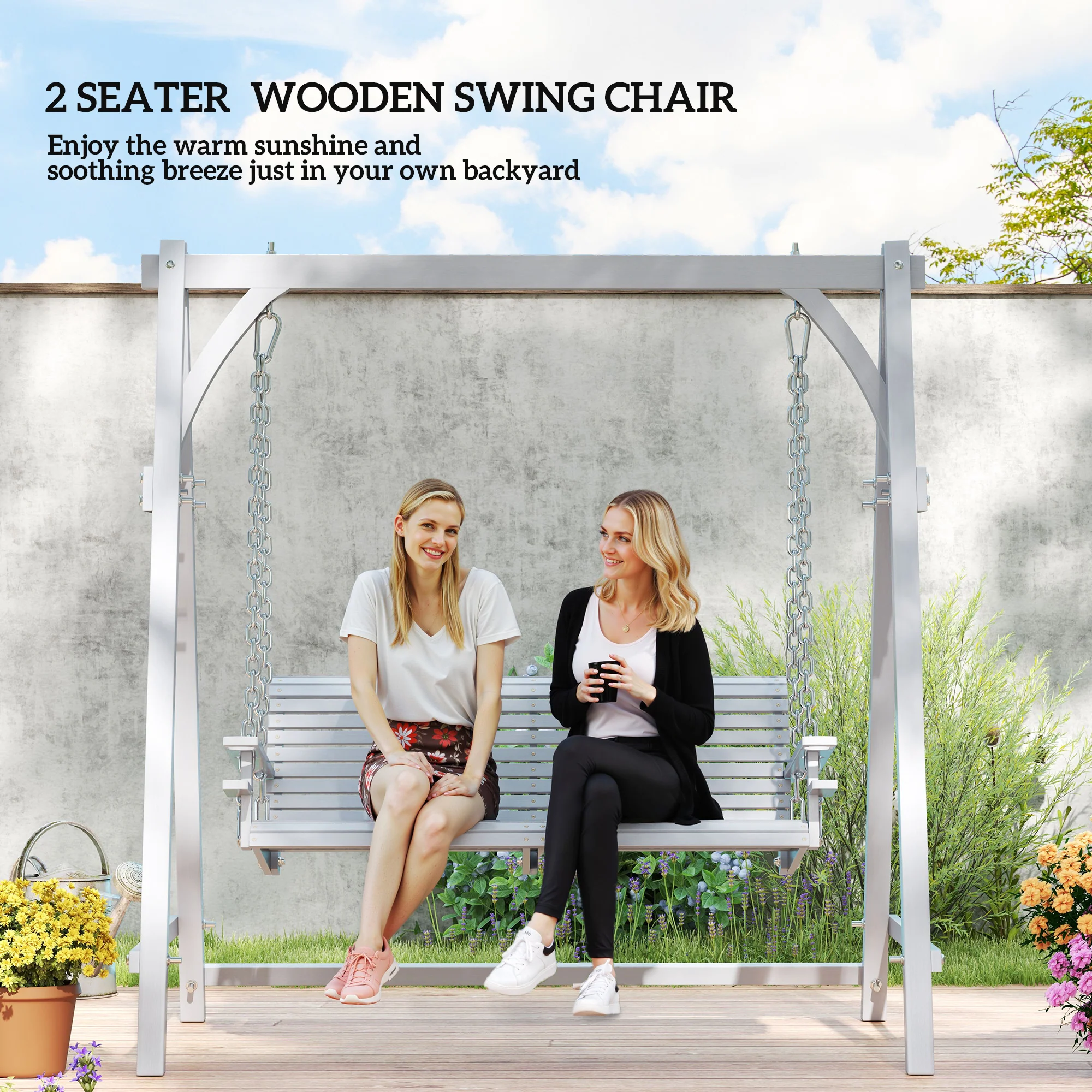 Outsunny 2 Seater Wooden Garden Swing Seat Hammock Bench Lounger, Grey - Image 3