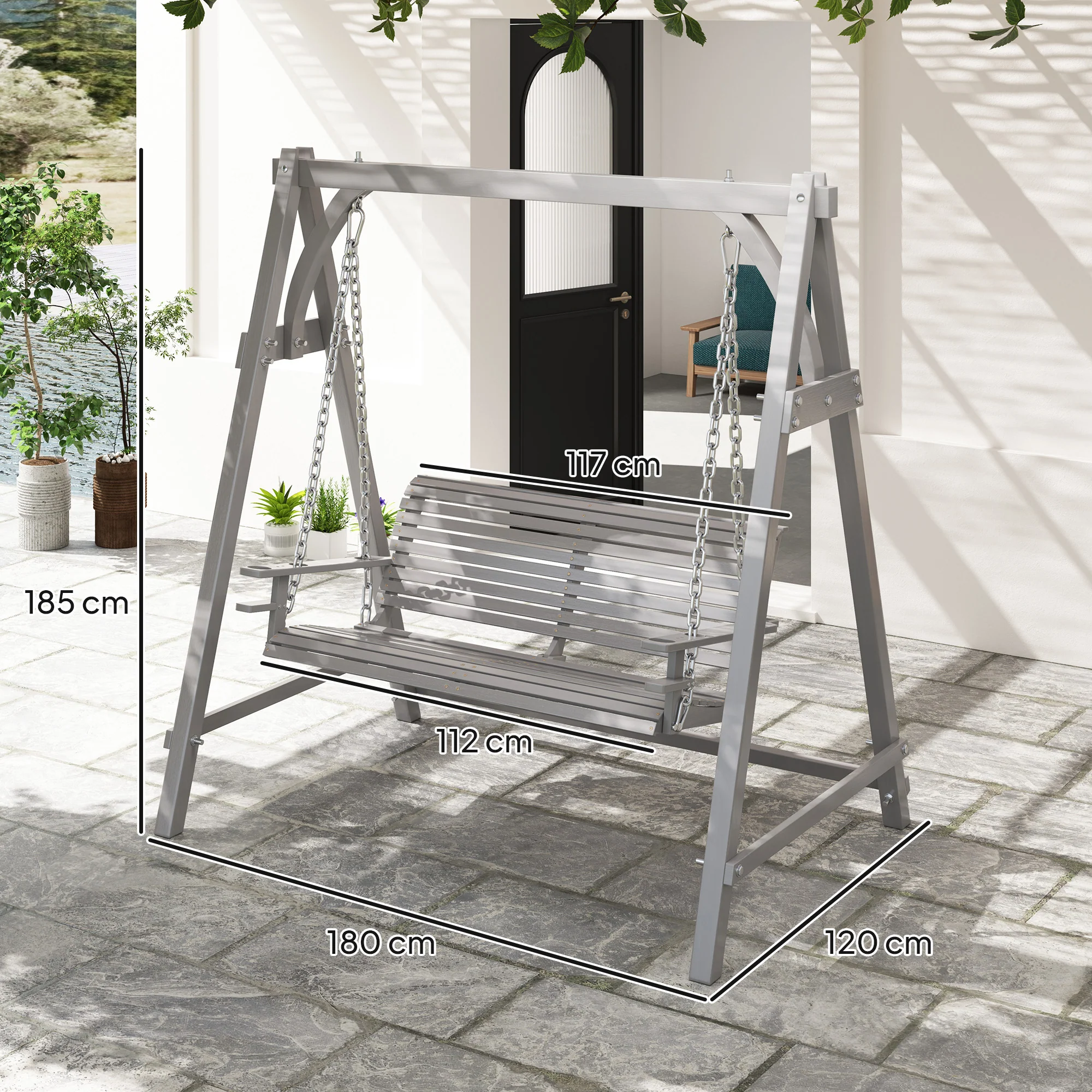 Outsunny 2 Seater Wooden Garden Swing Seat Hammock Bench Lounger, Grey - Image 5