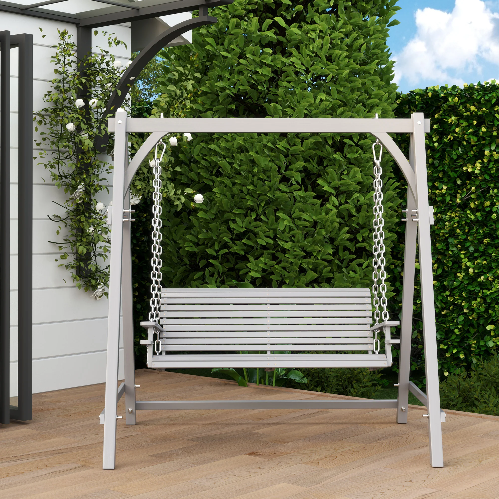 Outsunny 2 Seater Wooden Garden Swing Seat Hammock Bench Lounger, Grey - Image 7