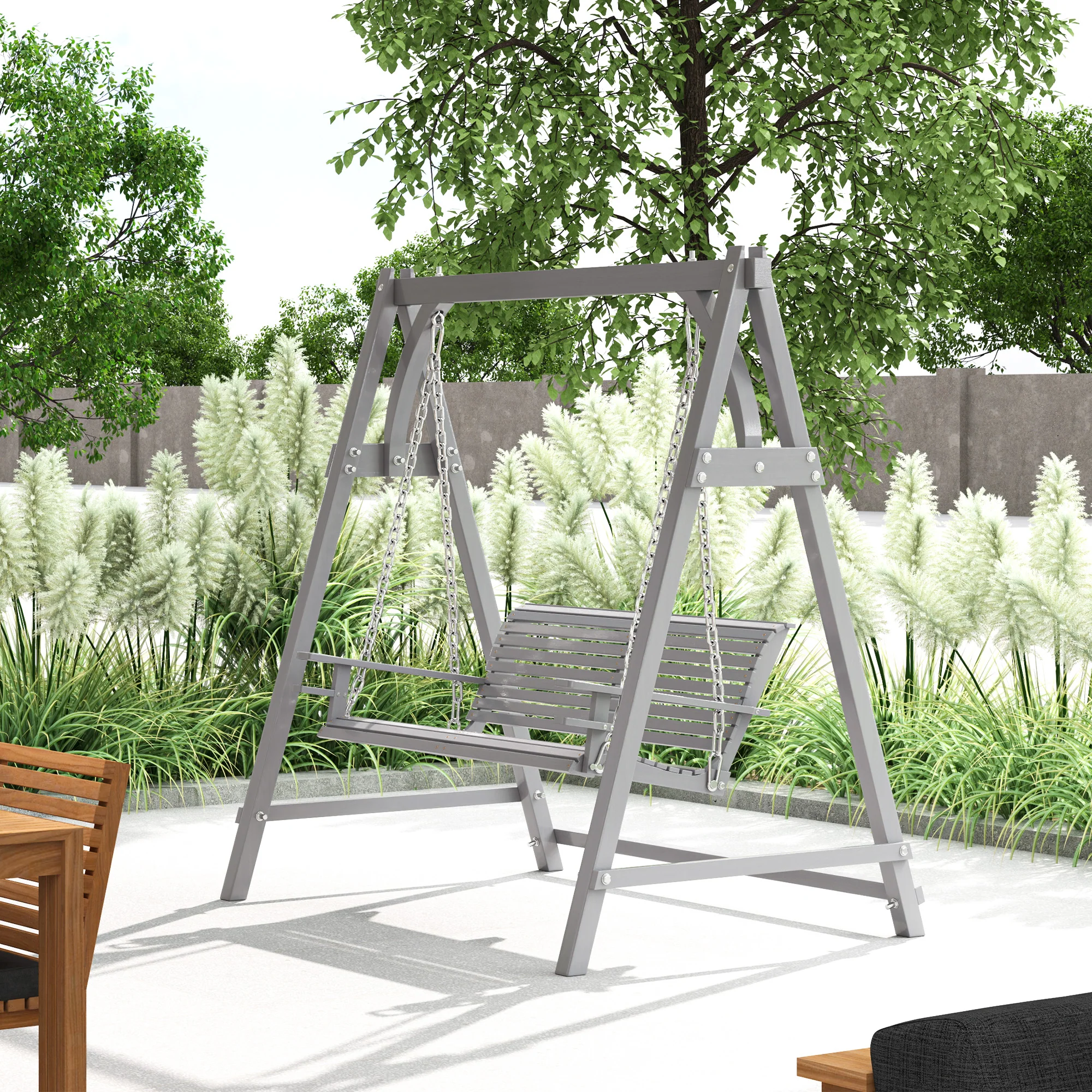 Outsunny 2 Seater Wooden Garden Swing Seat Hammock Bench Lounger, Grey - Image 8