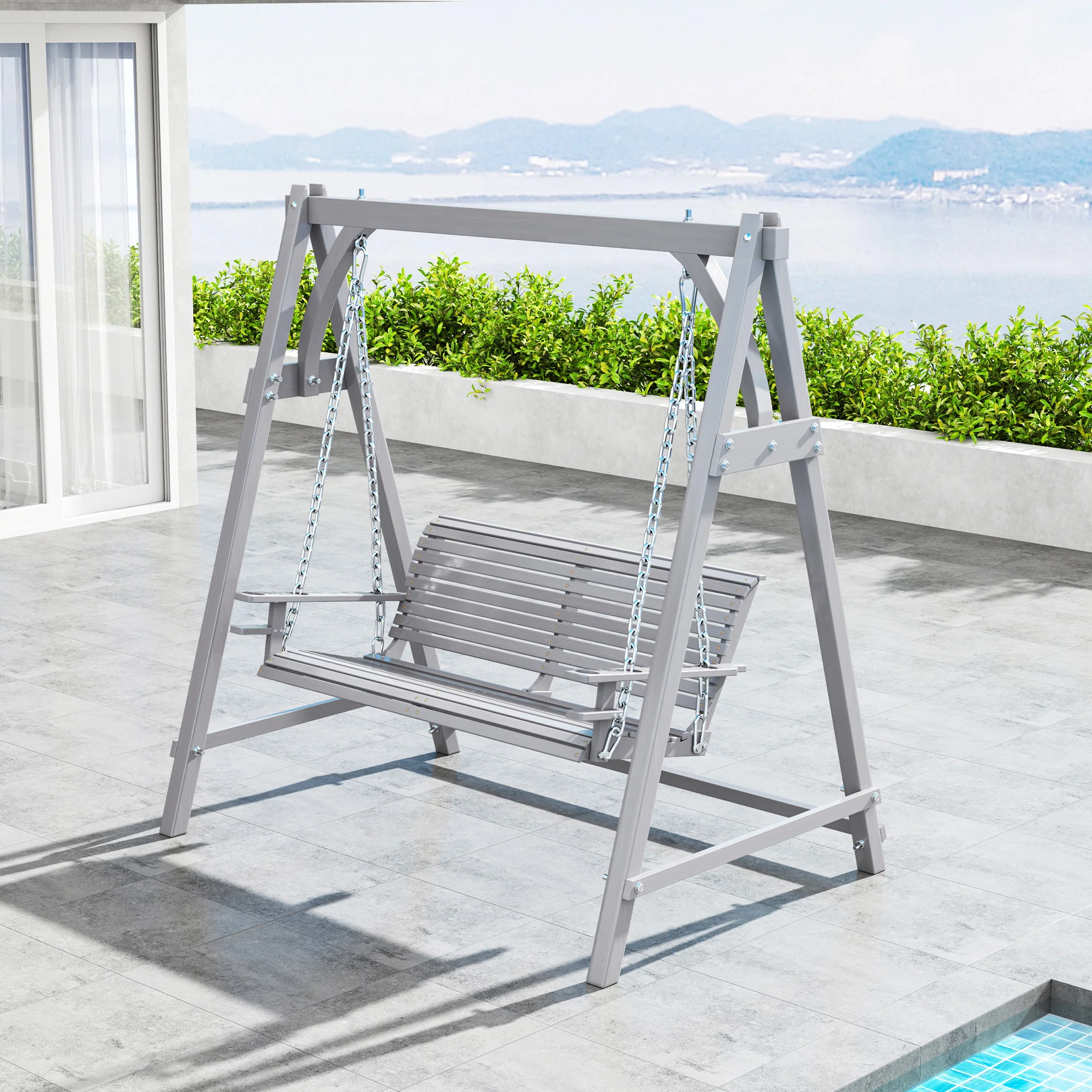 Outsunny 2 Seater Wooden Garden Swing Seat Hammock Bench Lounger, Grey - Image 9