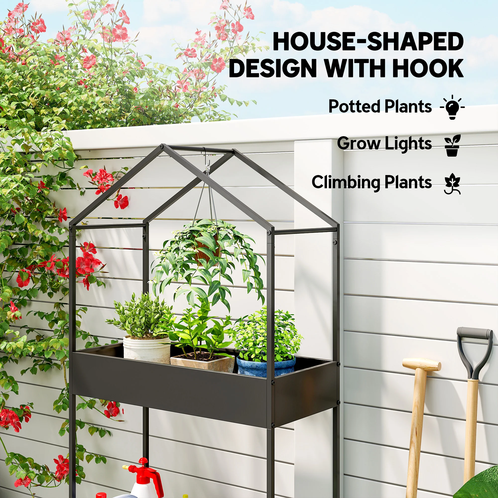 Outsunny 2 Tier Plant Stand, Outdoor Indoor Metal Plant Stand with Hook - Image 4
