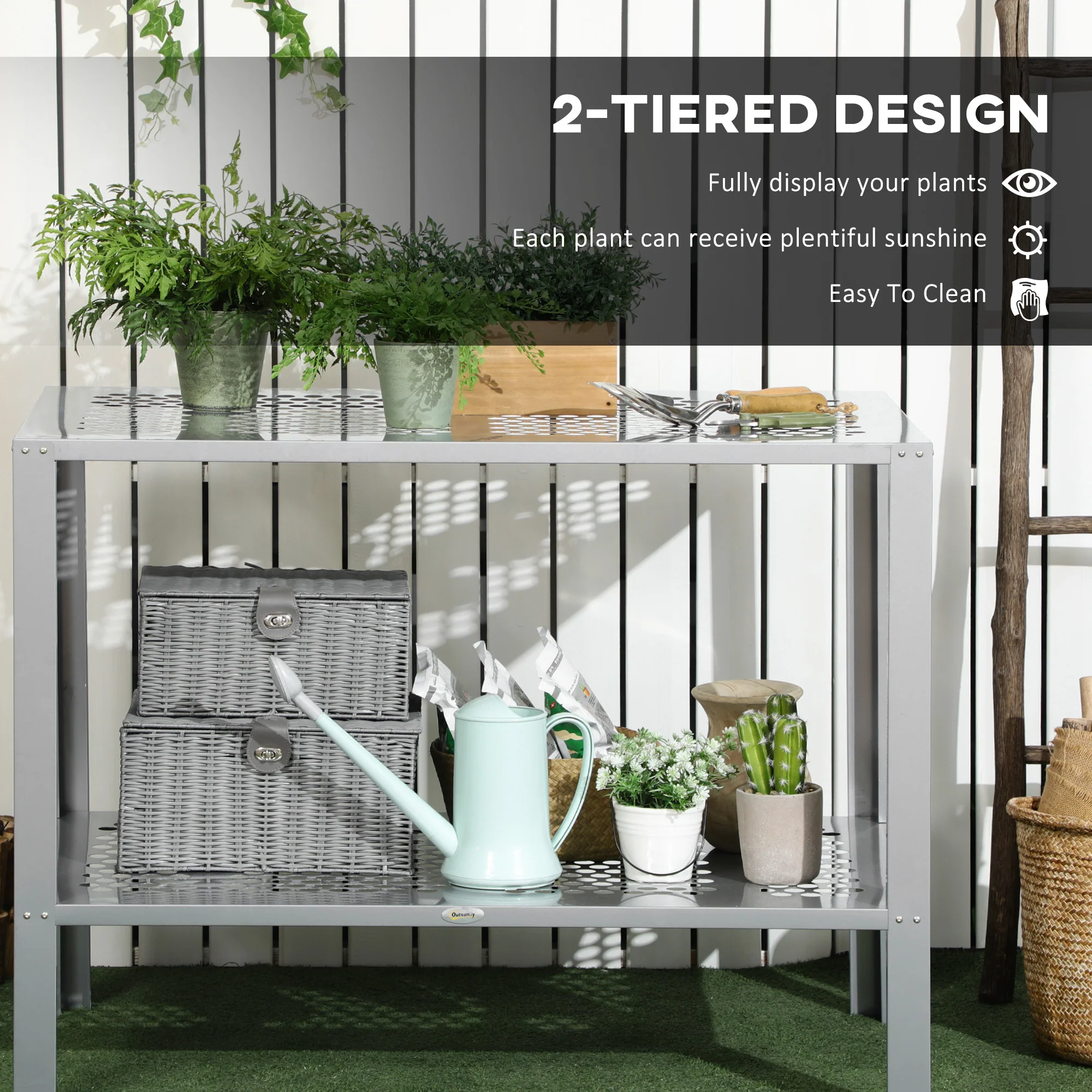 Outsunny 2-Tier Plant Stand Storage Organizer Steel Display Shelf for Patio - Image 2