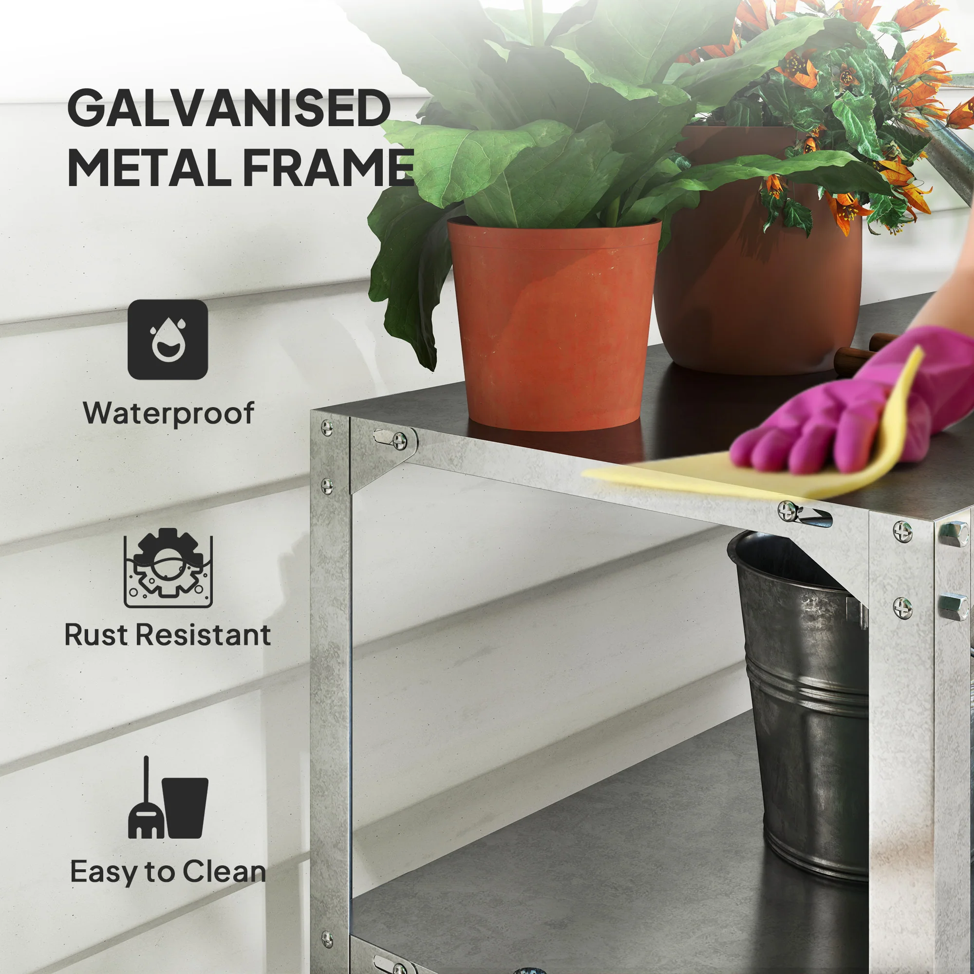 Outsunny 2 Tier Potting Bench Table, Galvanised Work Bench, Silver Tone - Image 4