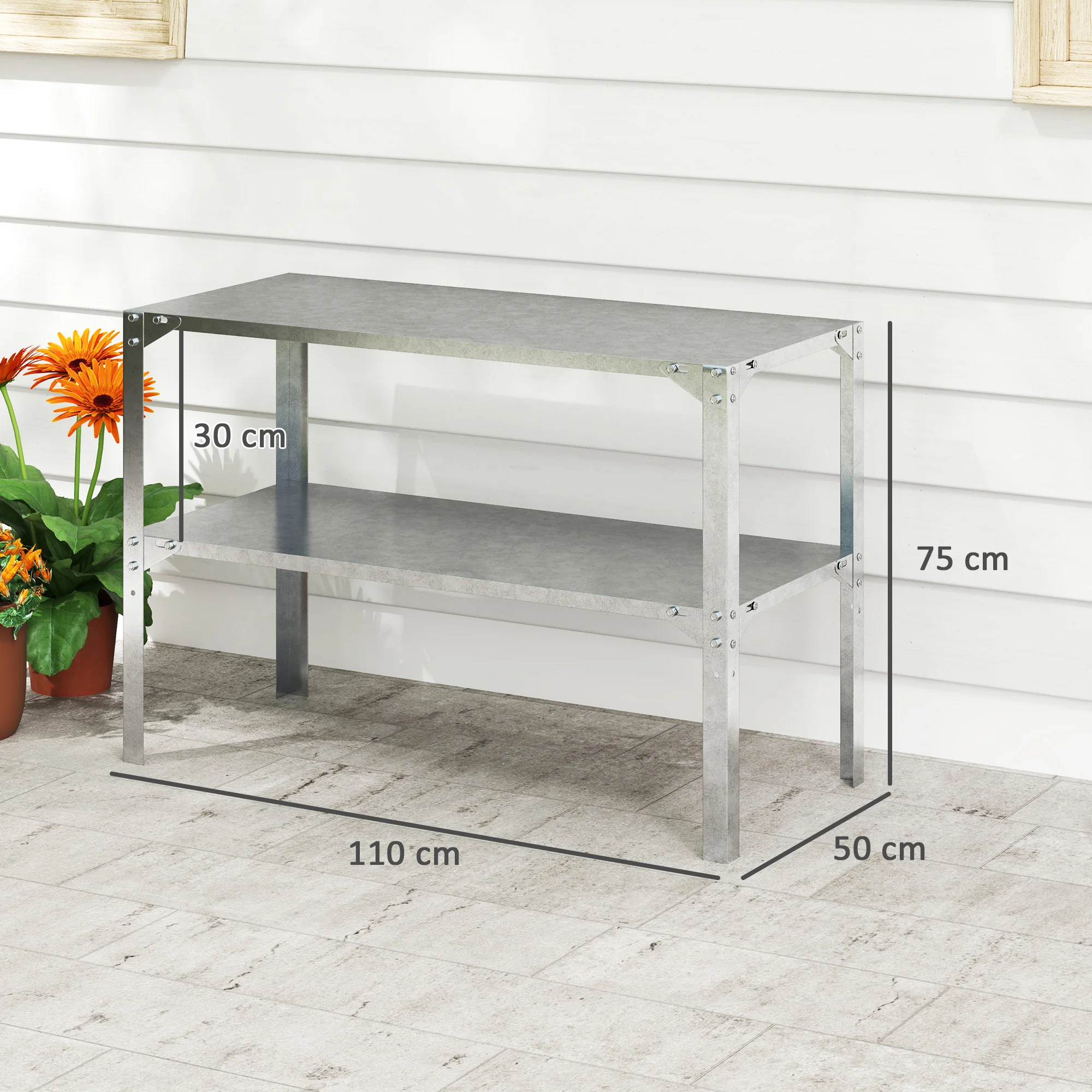 Outsunny 2 Tier Potting Bench Table, Galvanised Work Bench, Silver Tone - Image 5