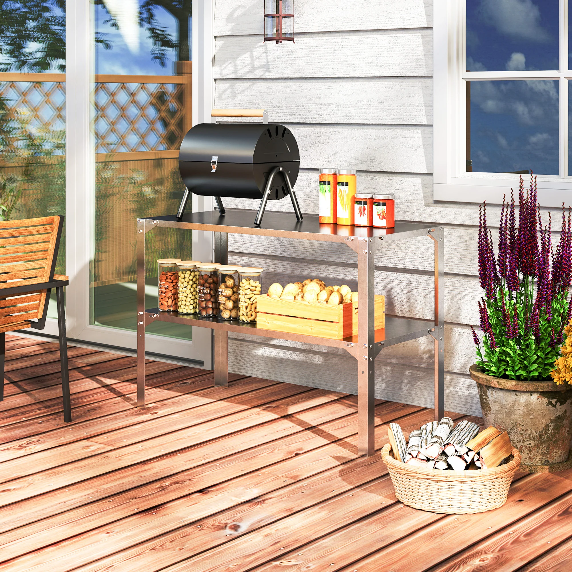 Outsunny 2 Tier Potting Bench Table, Galvanised Work Bench, Silver Tone - Image 7