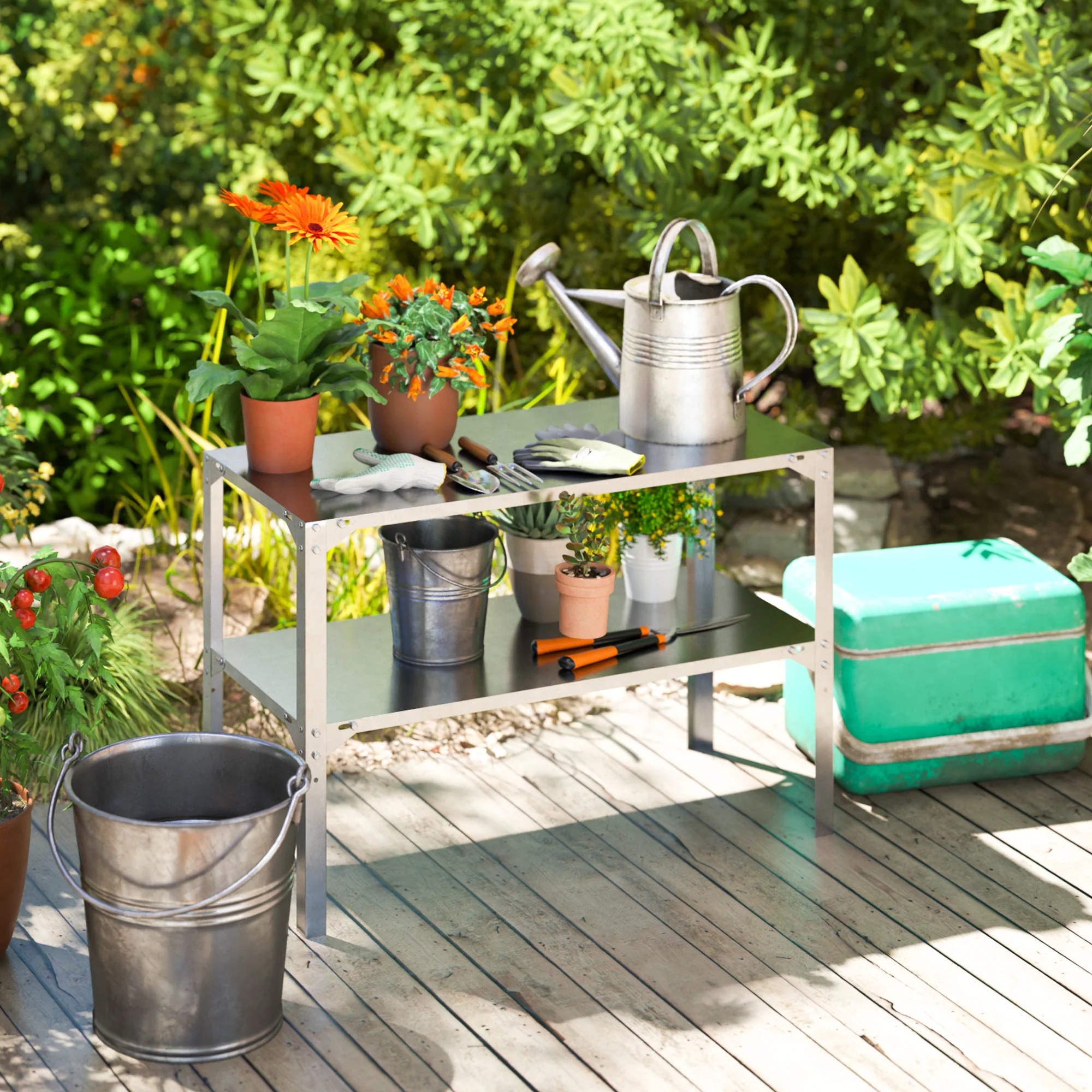 Outsunny 2 Tier Potting Bench Table, Galvanised Work Bench, Silver Tone - Image 9