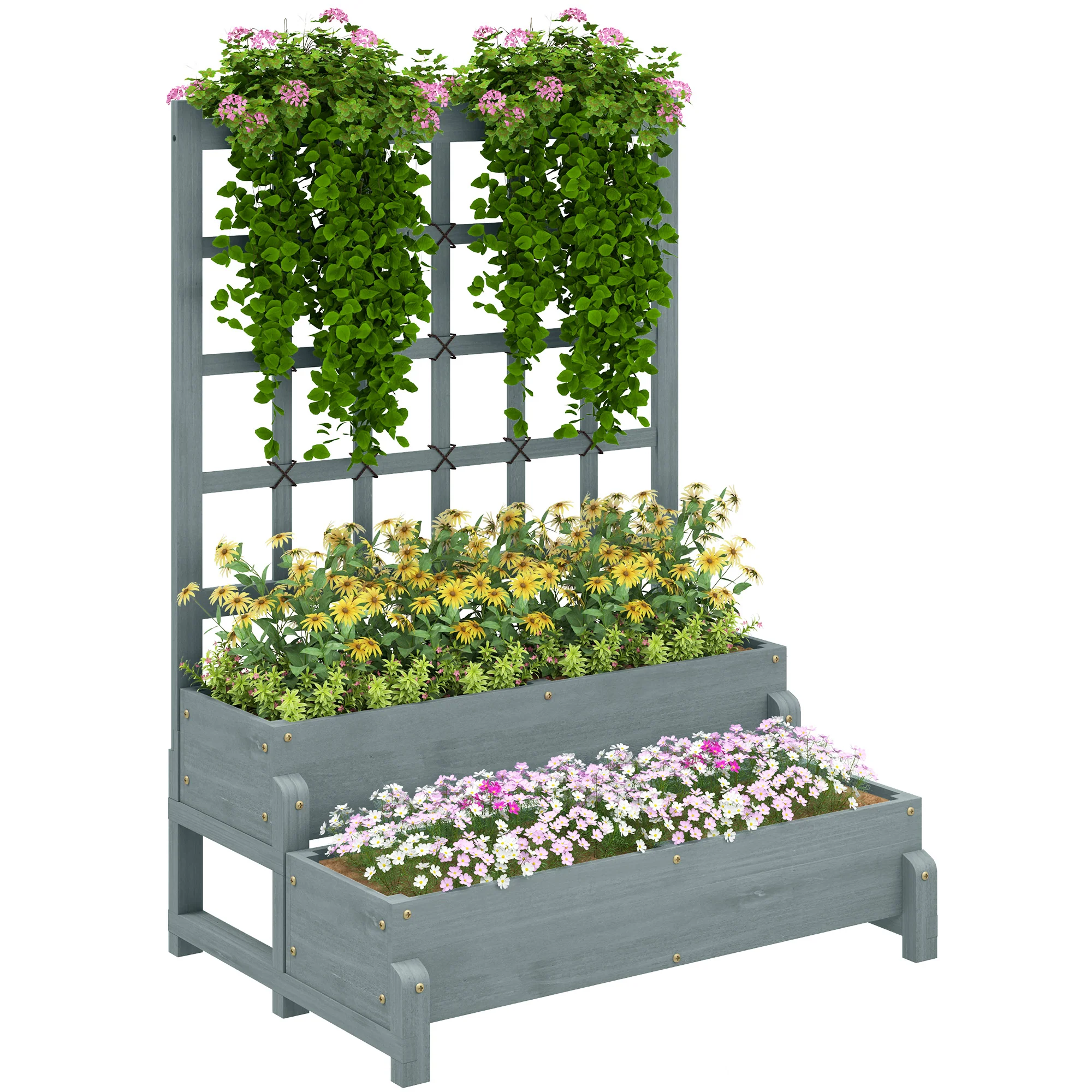Outsunny 2-Tier Wooden Raised Bed with Trellis and Drainage Holes - Image 10