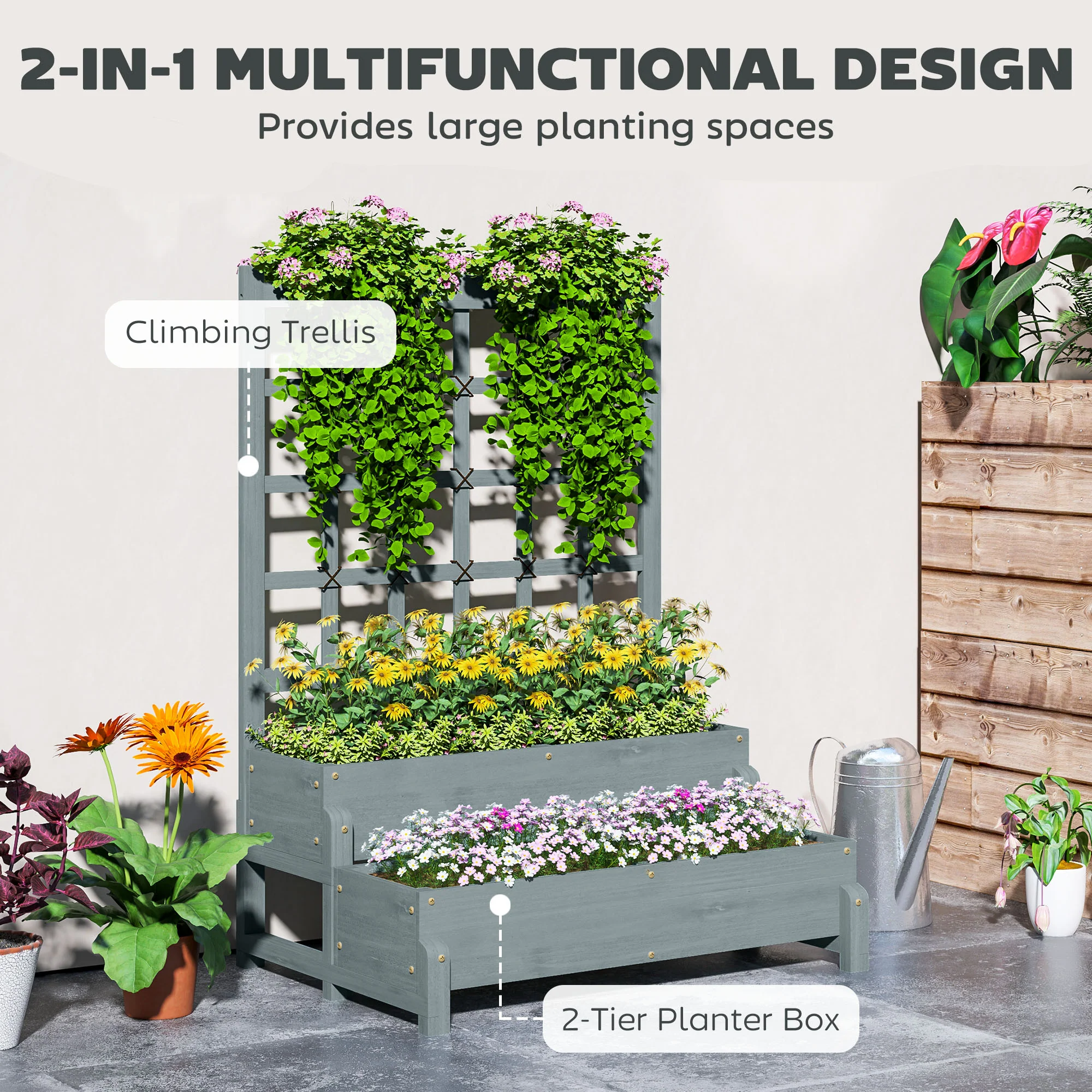 Outsunny 2-Tier Wooden Raised Bed with Trellis and Drainage Holes - Image 12