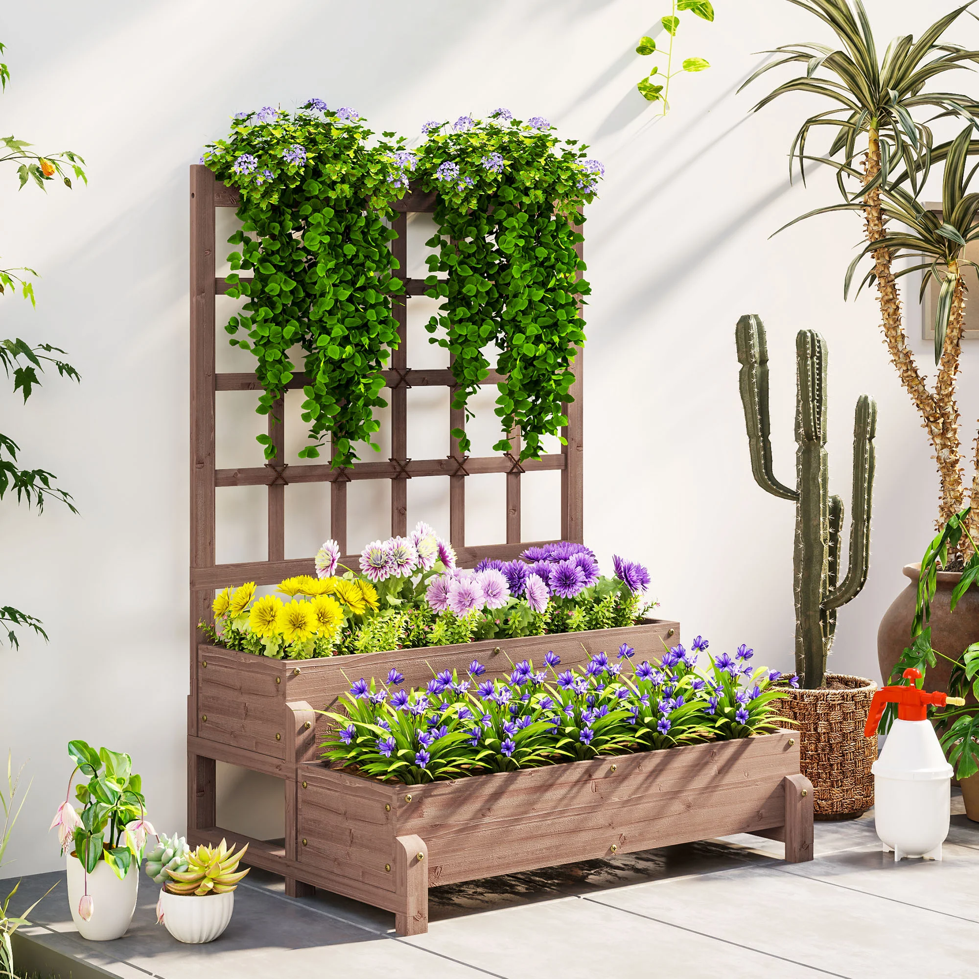 Outsunny 2-Tier Wooden Raised Bed with Trellis and Drainage Holes - Image 2