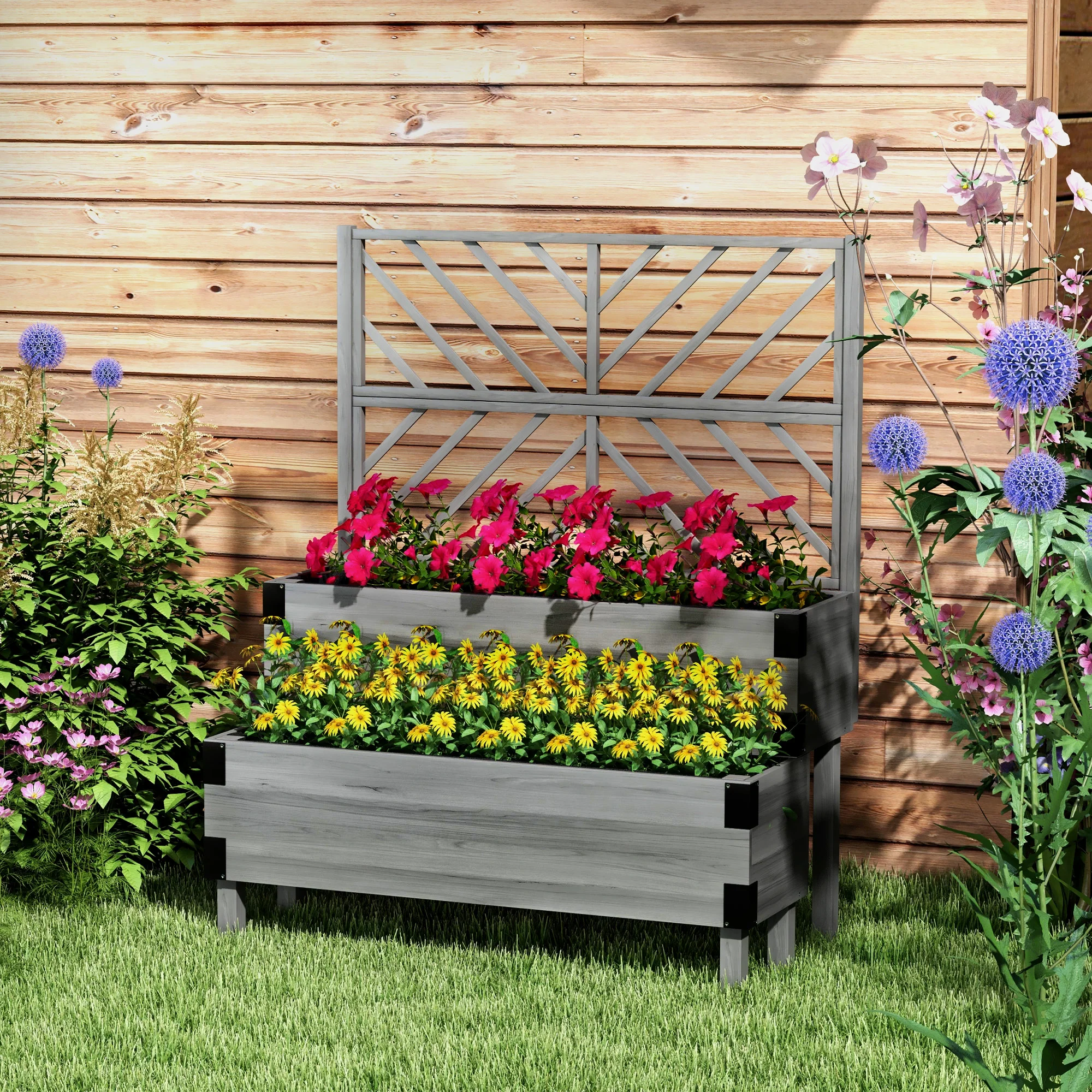 Outsunny 2-Tier Wooden Raised Bed with Trellis, Elevated Garden Planter - Image 2