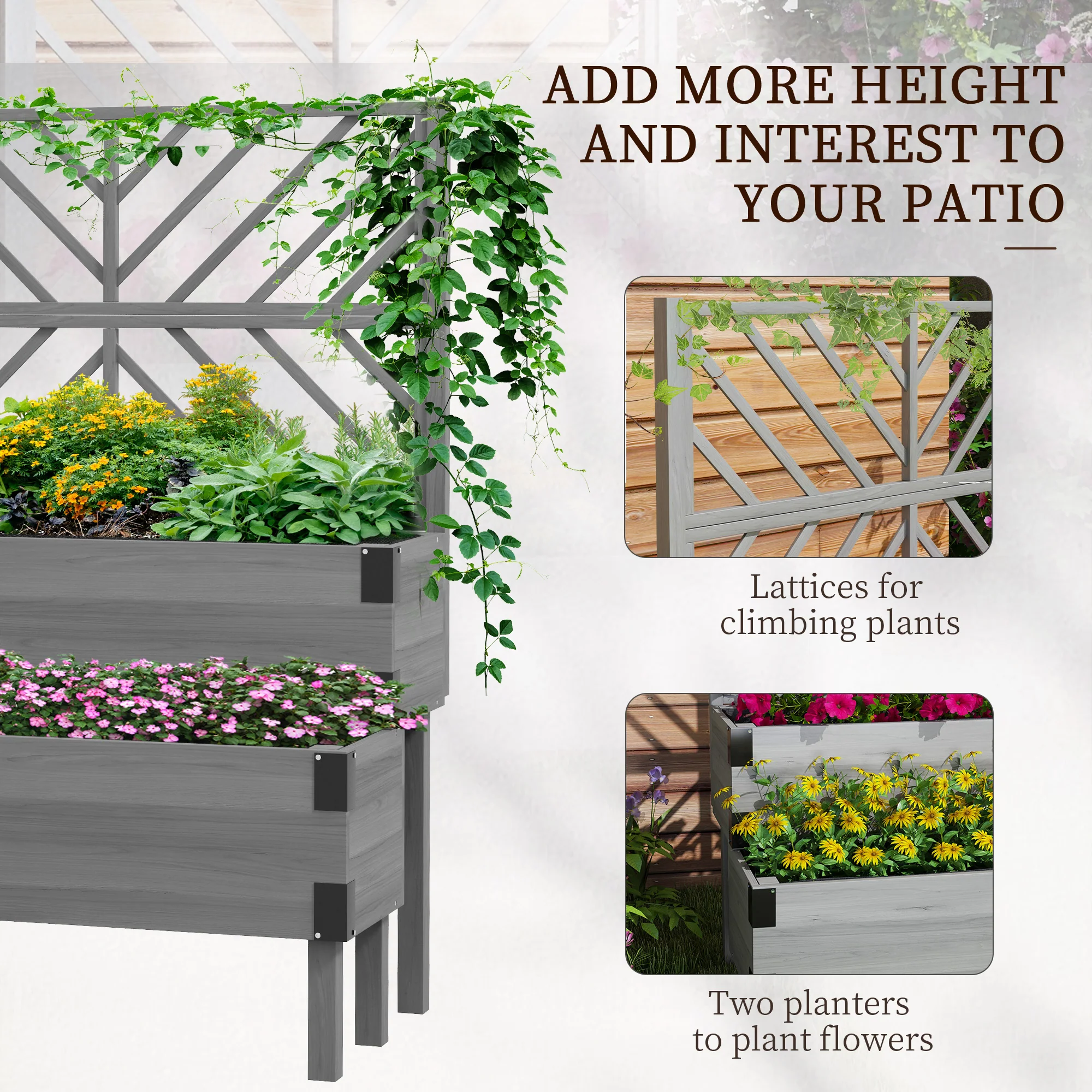 Outsunny 2-Tier Wooden Raised Bed with Trellis, Elevated Garden Planter - Image 3