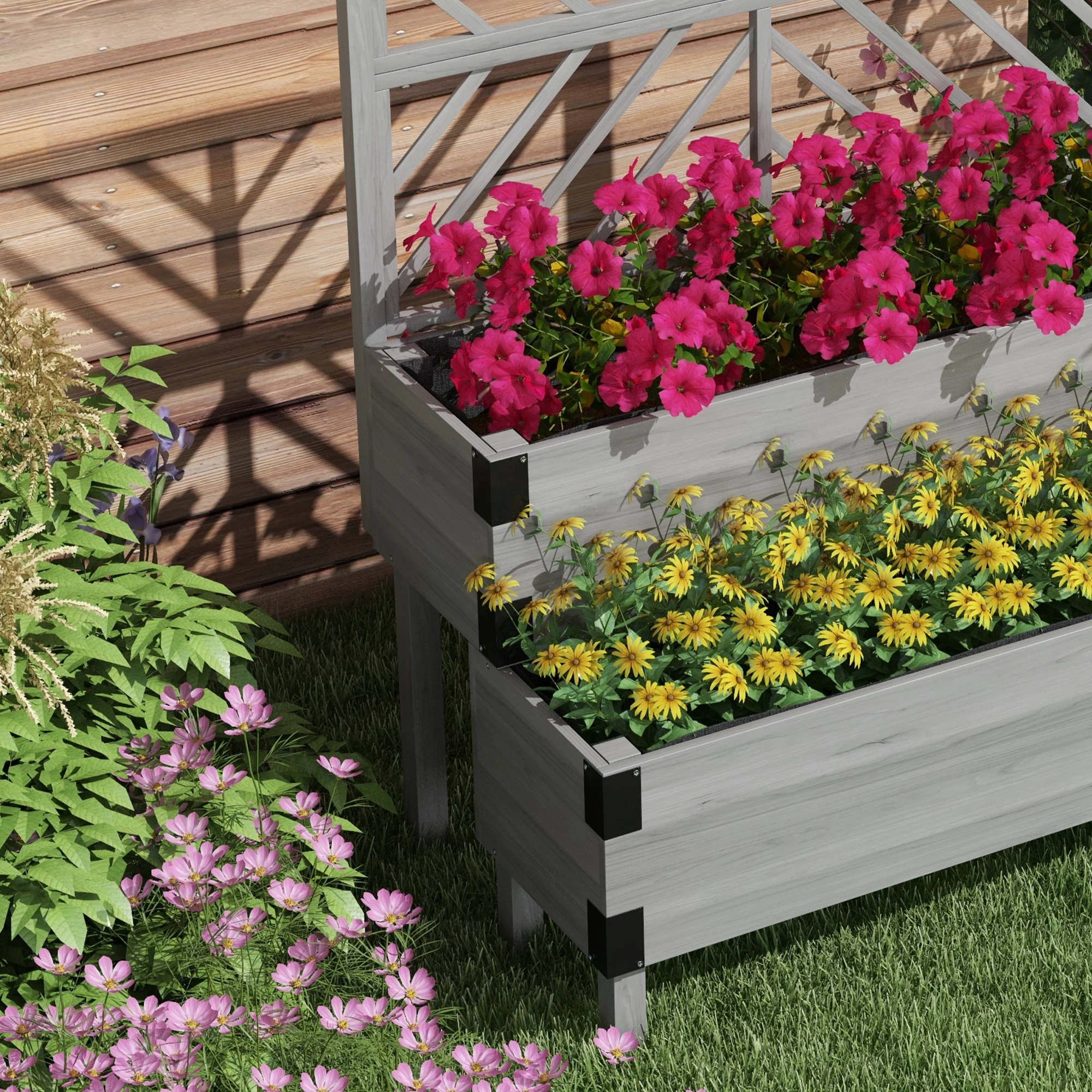 Outsunny 2-Tier Wooden Raised Bed with Trellis, Elevated Garden Planter - Image 8