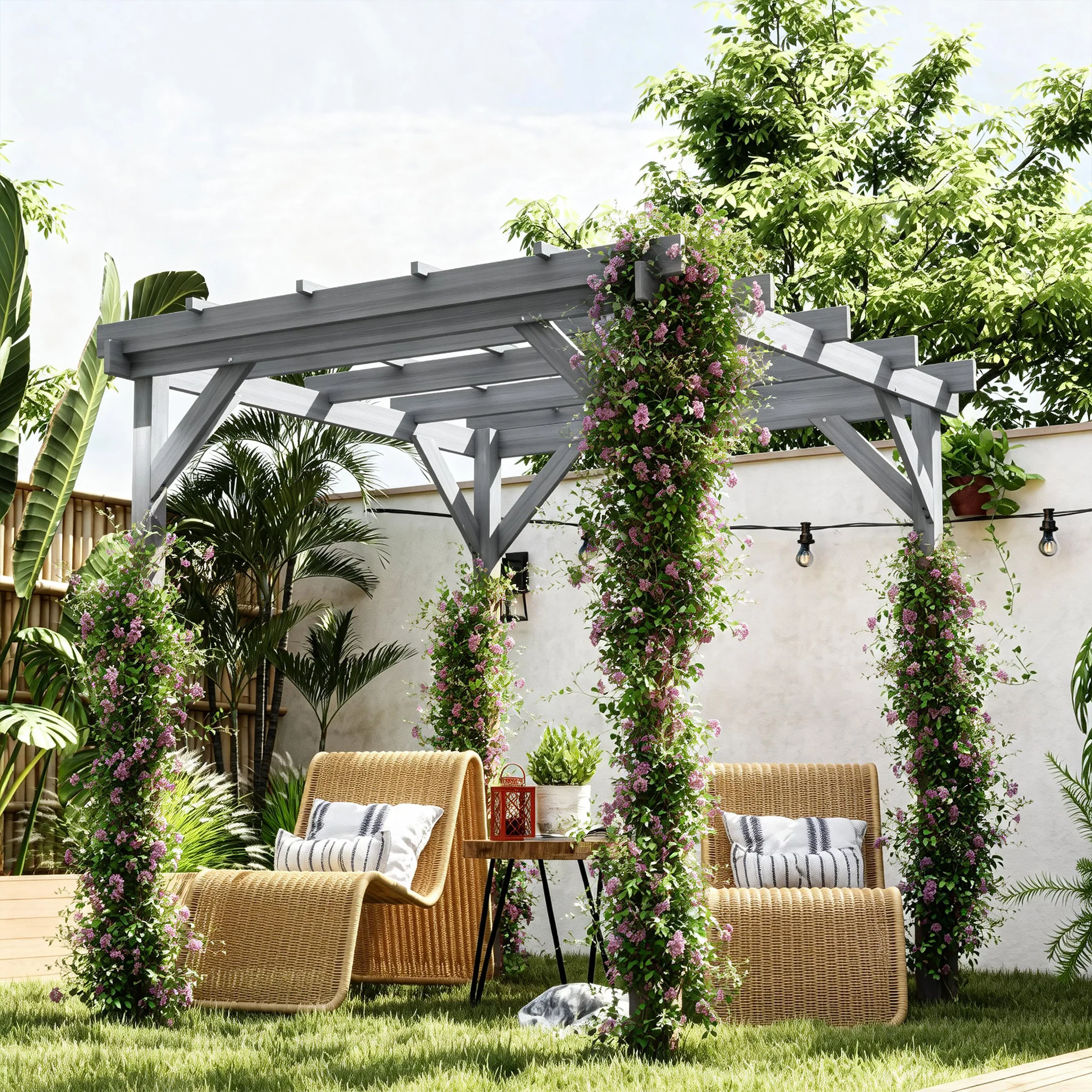 Outsunny 2 x 2m Wooden Pergola Kit, Garden Gazebo Shelter, Grey - Image 2