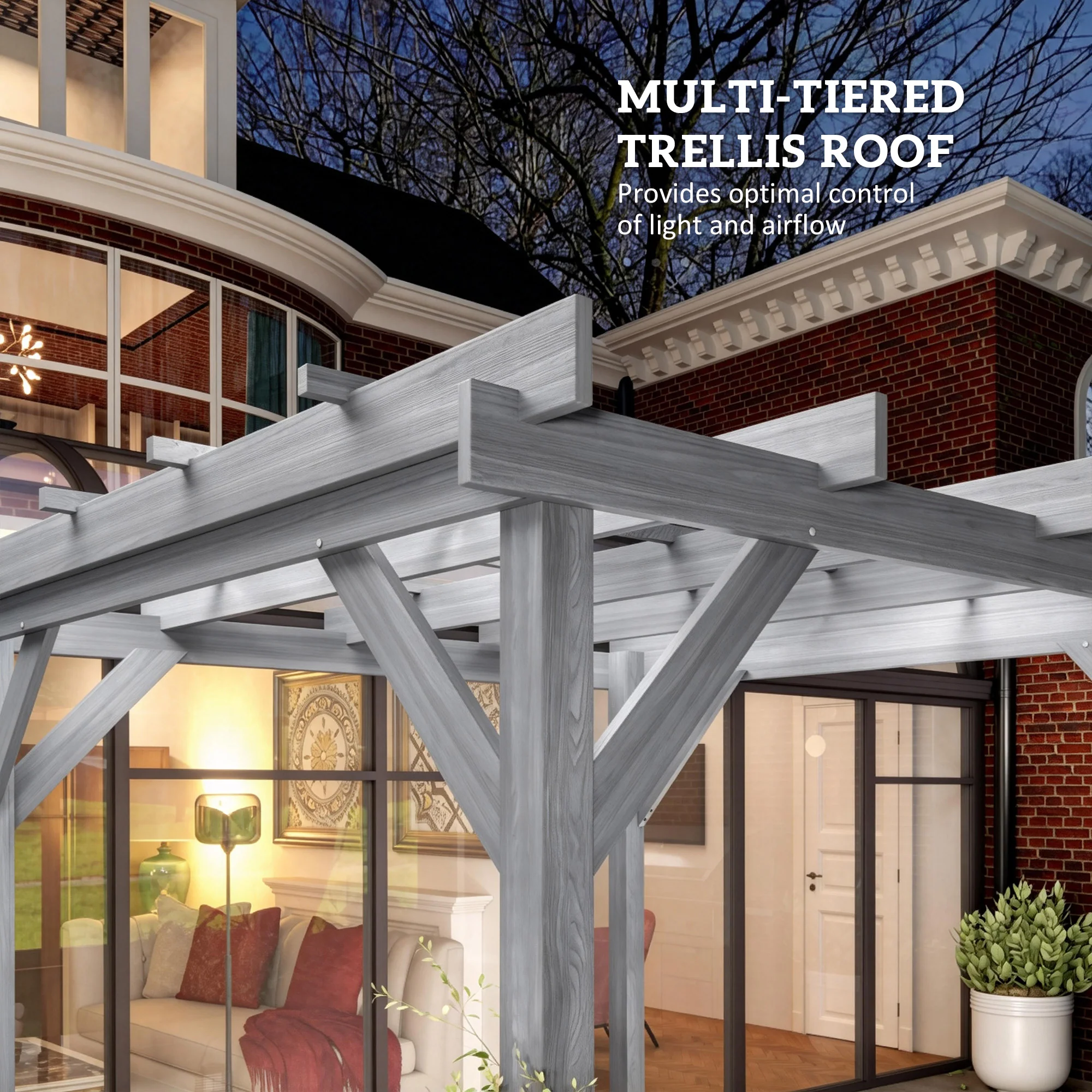 Outsunny 2 x 2m Wooden Pergola Kit, Garden Gazebo Shelter, Grey - Image 4