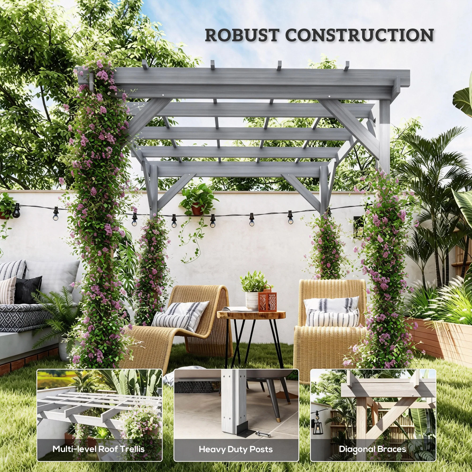 Outsunny 2 x 2m Wooden Pergola Kit, Garden Gazebo Shelter, Grey - Image 6