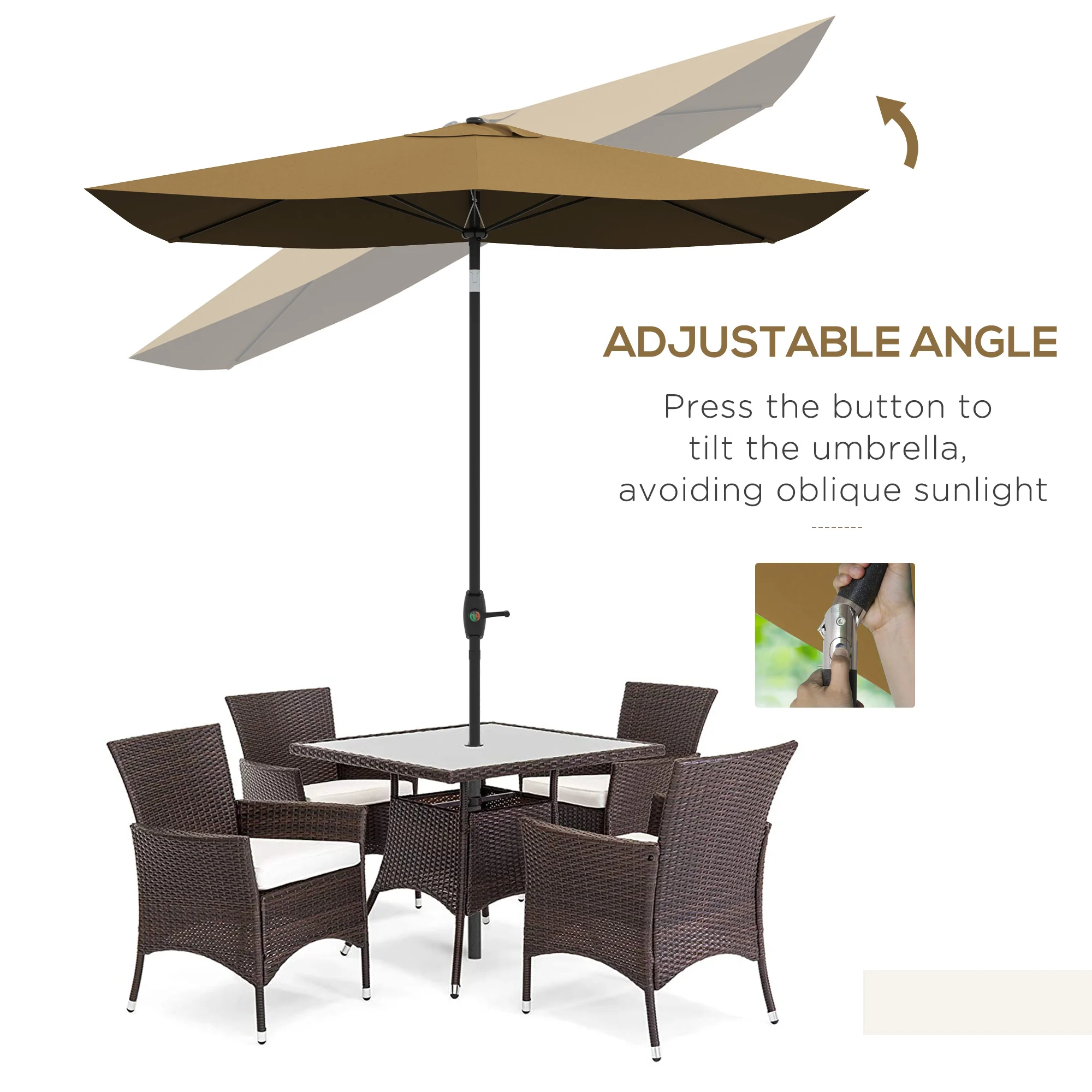 Outsunny 2 X 3(m) Garden Parasol Rectangular Market Umbrella W/ Crank - Brown/Beige/Black/Grey - Image 12