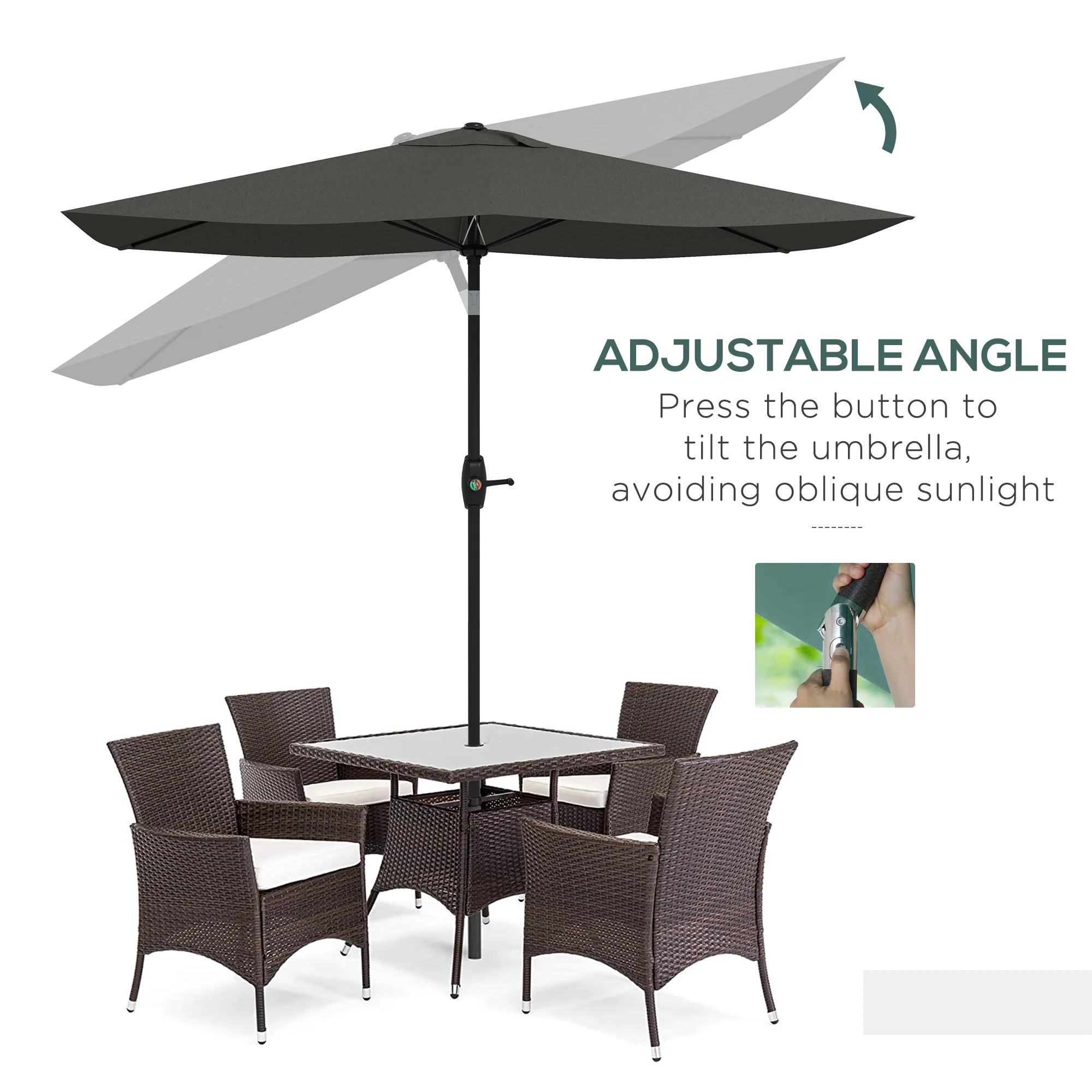 Outsunny 2 X 3(m) Garden Parasol Rectangular Market Umbrella W/ Crank - Brown/Beige/Black/Grey - Image 28