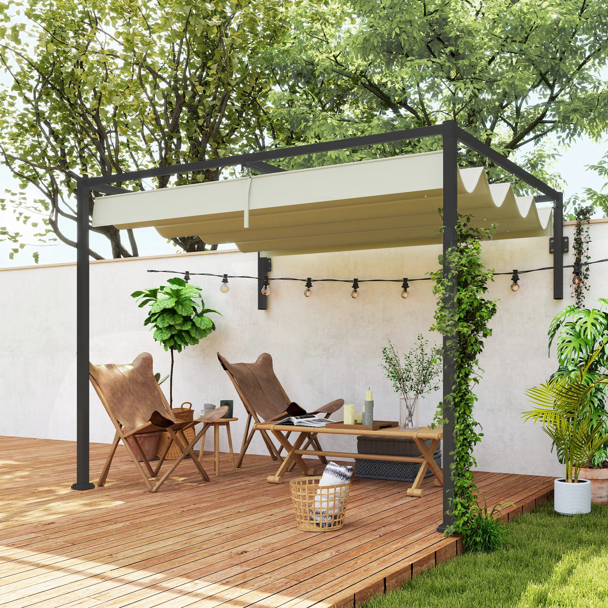 Outsunny 2 x 3(m) Wall Mounted Pergola with Retractable Roof, Khaki - Image 2