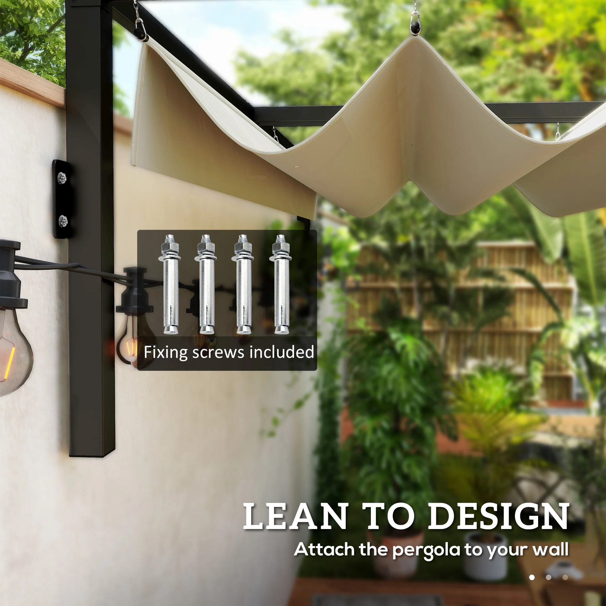 Outsunny 2 x 3(m) Wall Mounted Pergola with Retractable Roof, Khaki - Image 3
