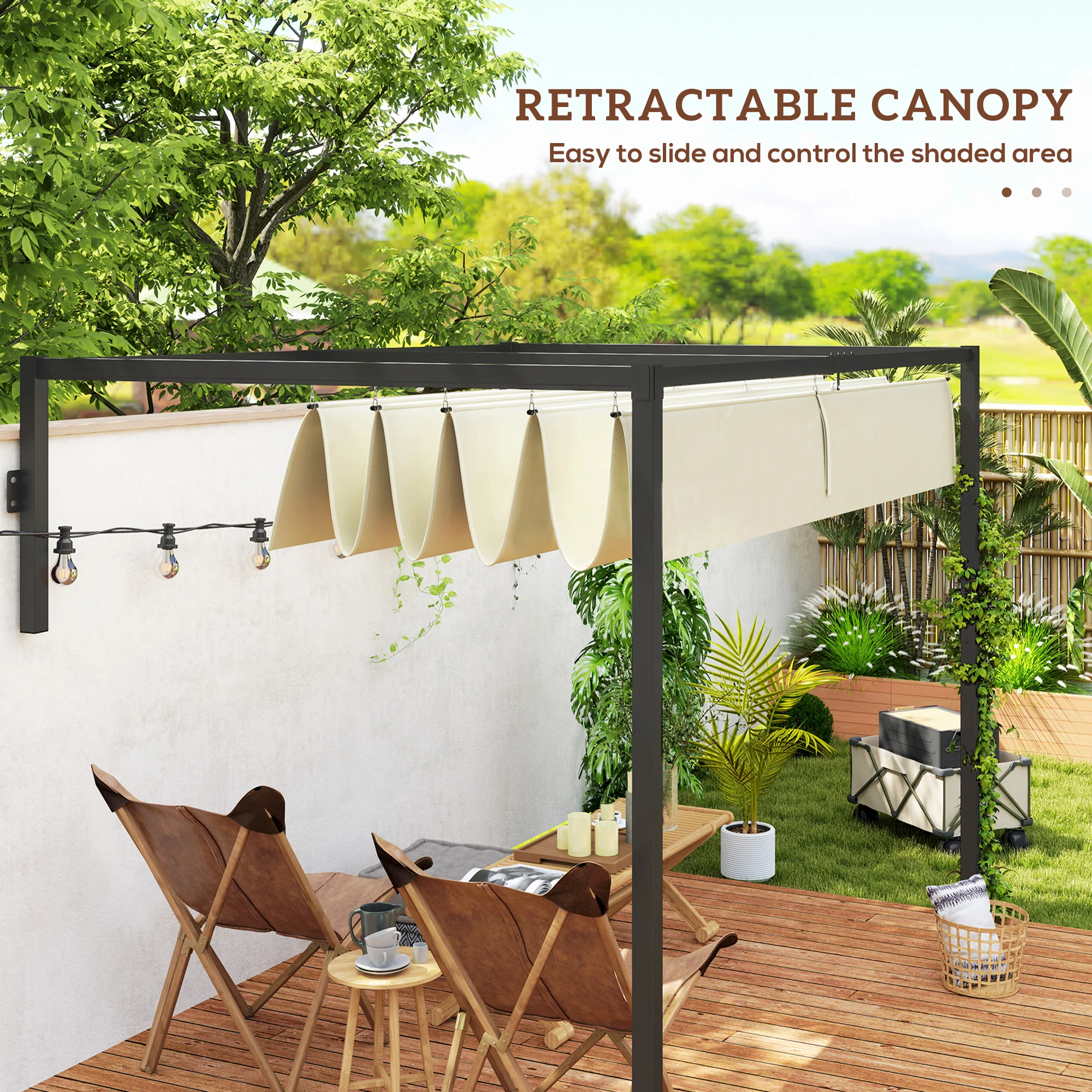 Outsunny 2 x 3(m) Wall Mounted Pergola with Retractable Roof, Khaki - Image 4