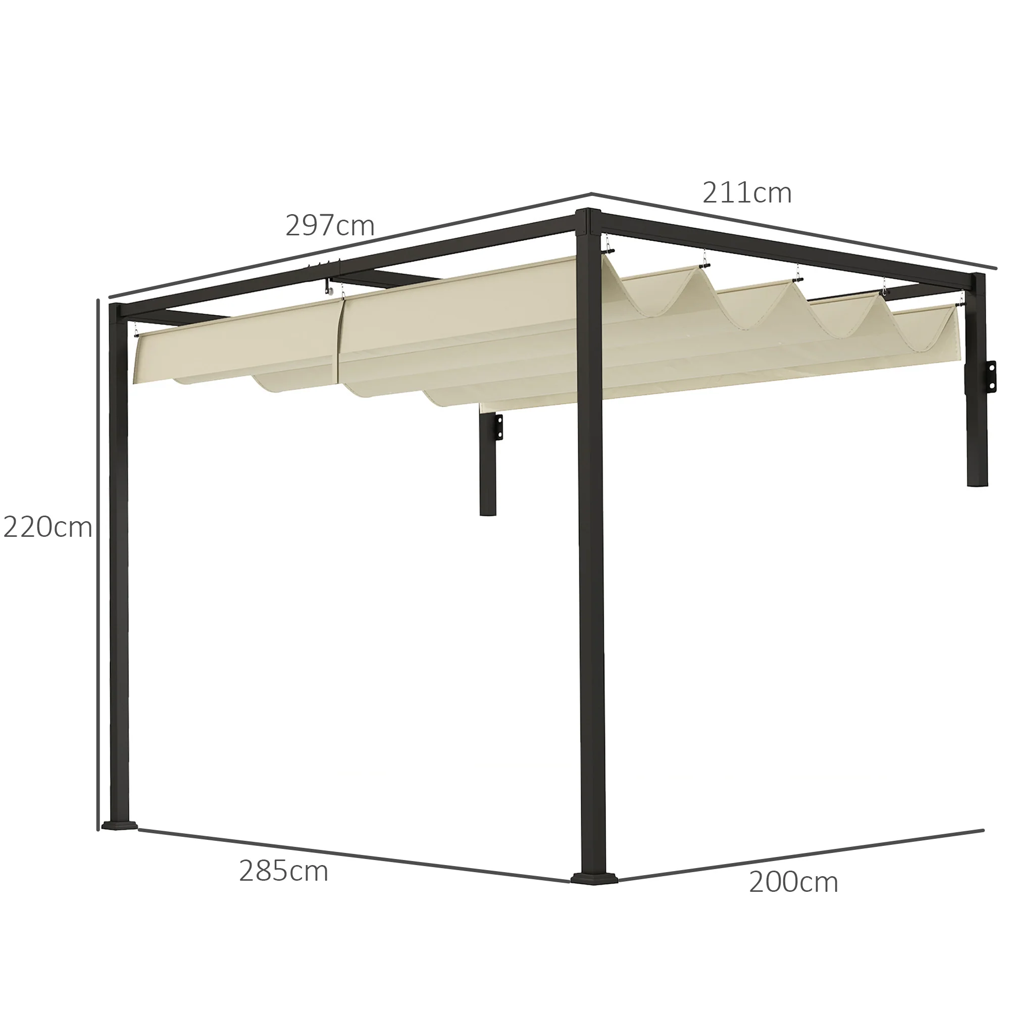 Outsunny 2 x 3(m) Wall Mounted Pergola with Retractable Roof, Khaki - Image 5
