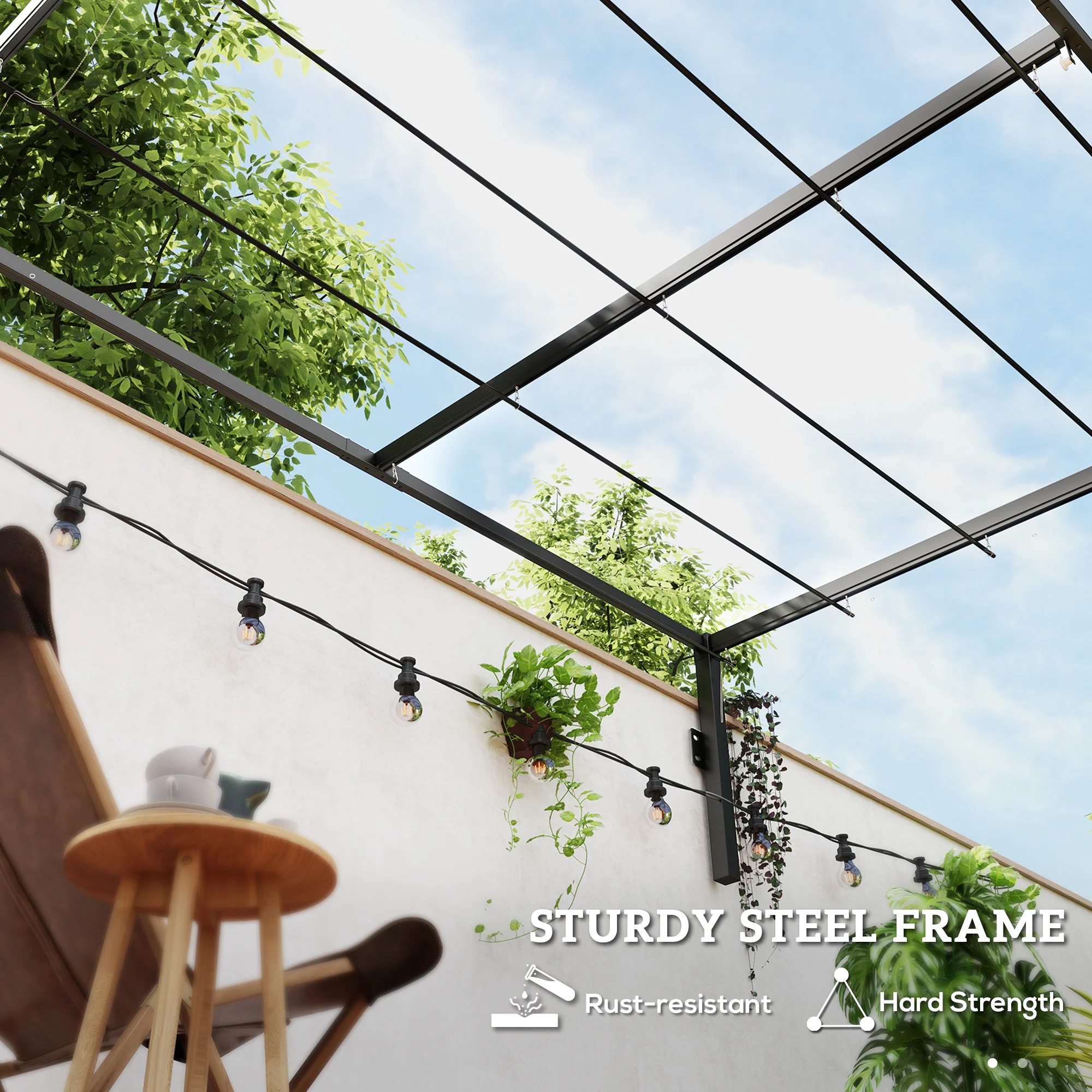 Outsunny 2 x 3(m) Wall Mounted Pergola with Retractable Roof, Khaki - Image 7