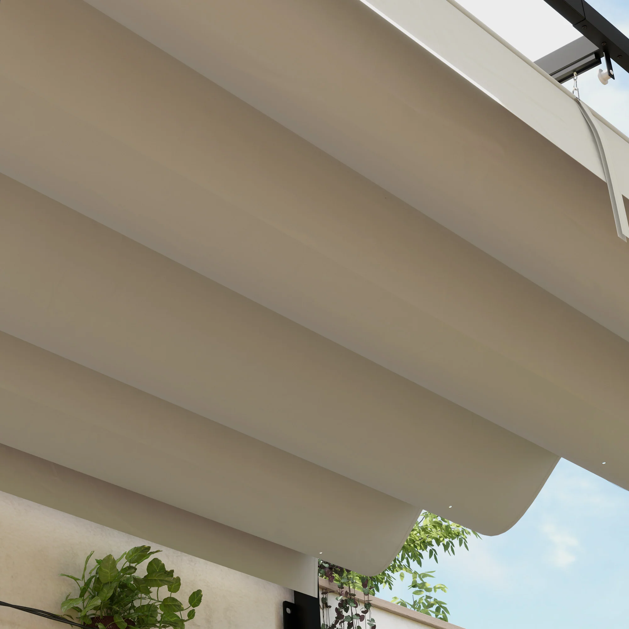 Outsunny 2 x 3(m) Wall Mounted Pergola with Retractable Roof, Khaki - Image 9