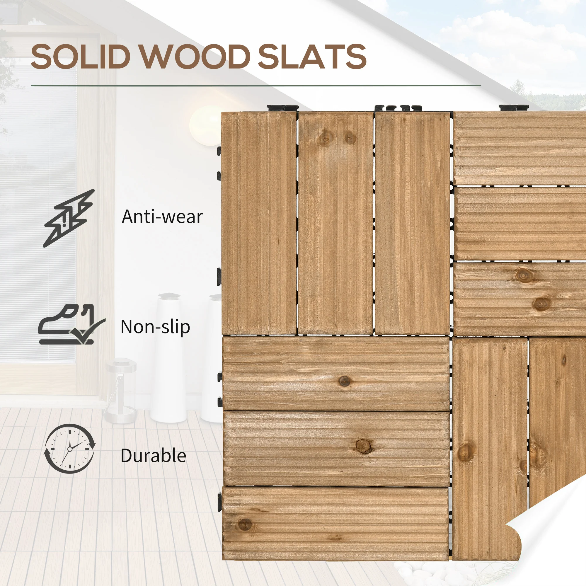 Outsunny 27 Pcs Wooden Decking Tiles, 30x30cm Decking Boards, 2.5, Brown - Image 2