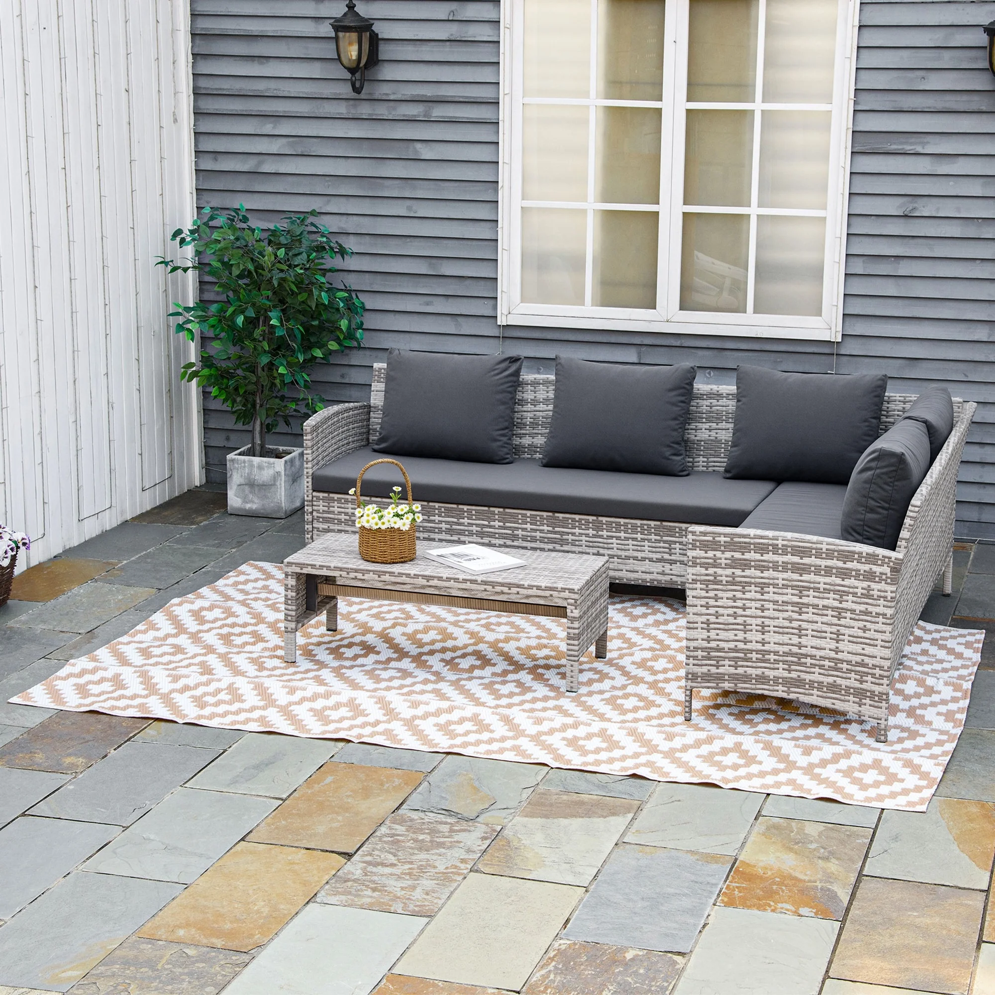 Outsunny 274 X 182 Cm Reversible Outdoor RV Rug Floor Mat, Coffee And White