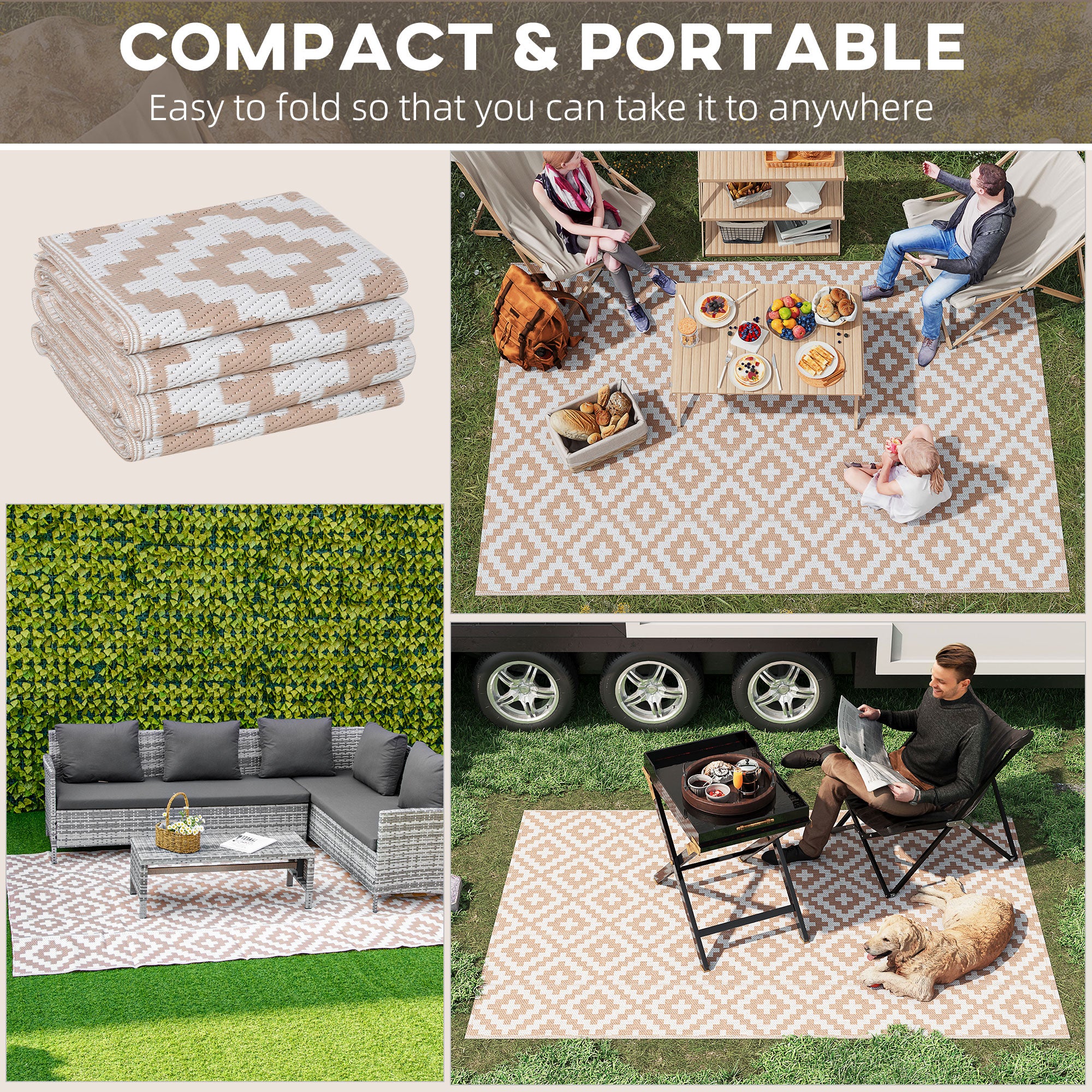 Outsunny 274 X 182 Cm Reversible Outdoor RV Rug Floor Mat, Coffee And White - Image 4