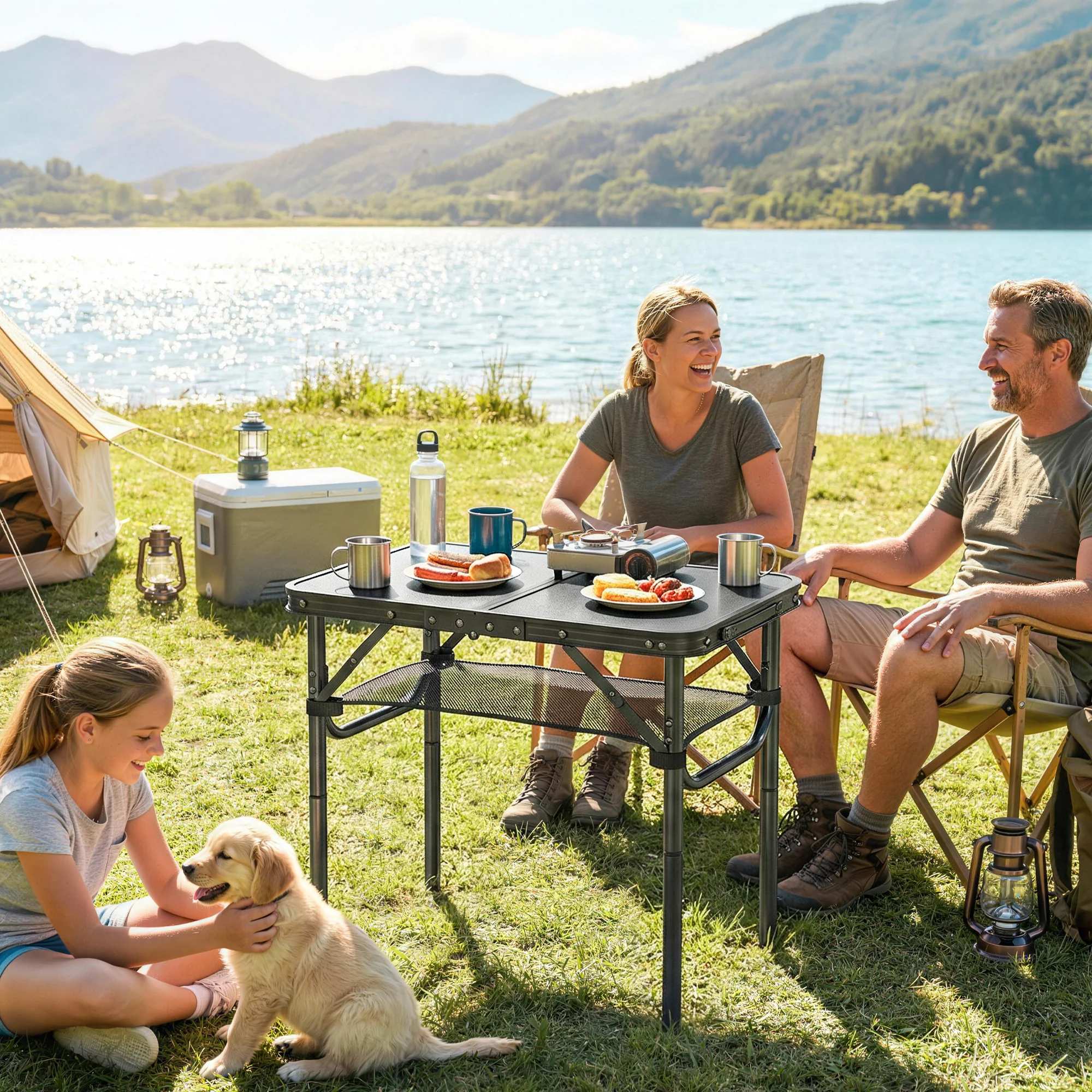 Outsunny 2ft Folding Camping Table, Picnic Table With Storage Layer, Black - Image 2