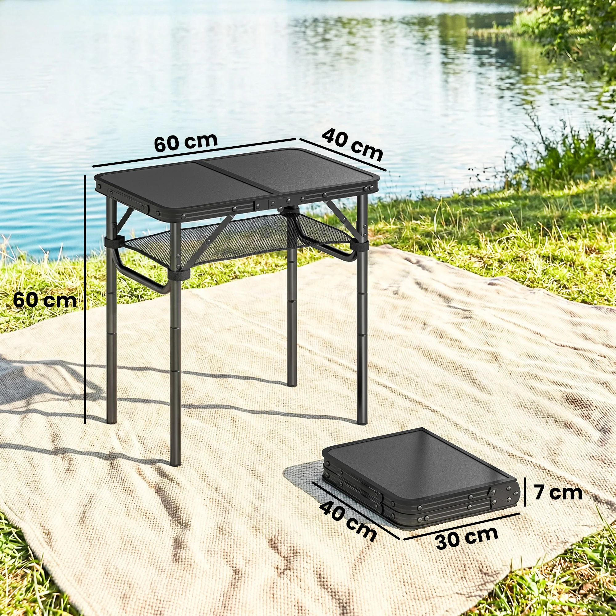 Outsunny 2ft Folding Camping Table, Picnic Table With Storage Layer, Black - Image 3