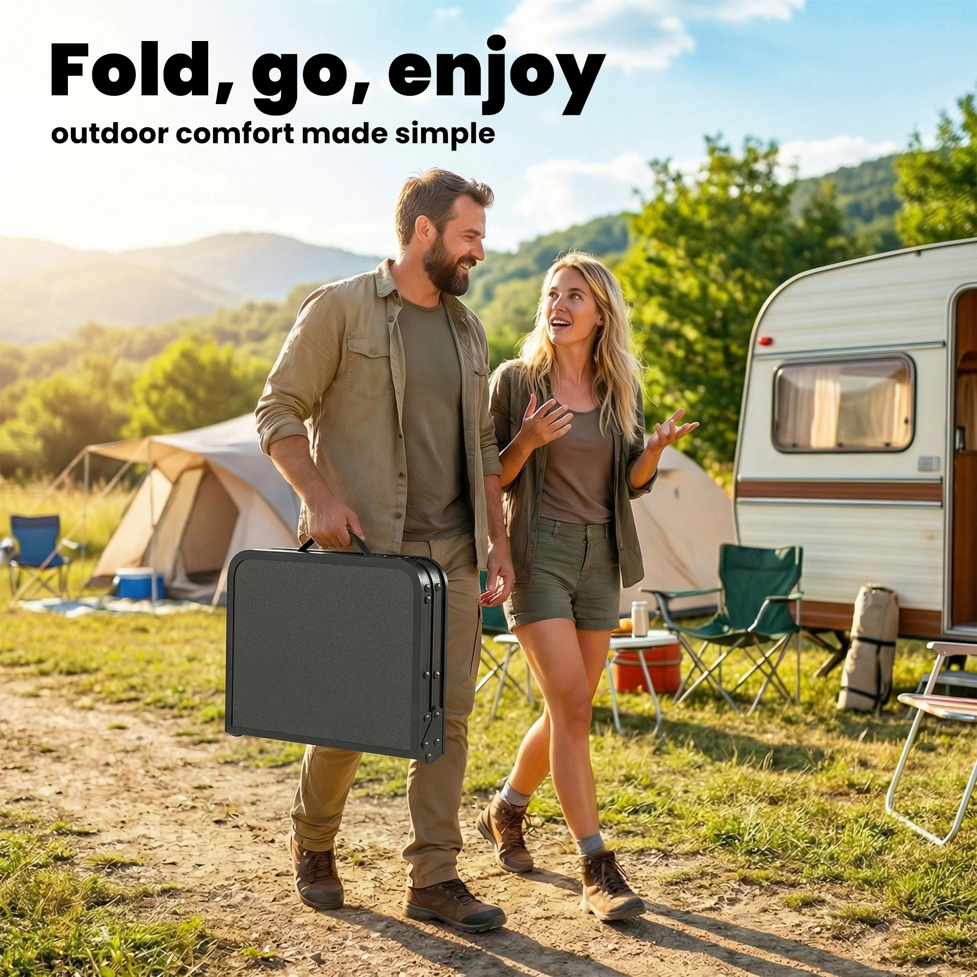 Outsunny 2ft Folding Camping Table, Picnic Table With Storage Layer, Black - Image 4