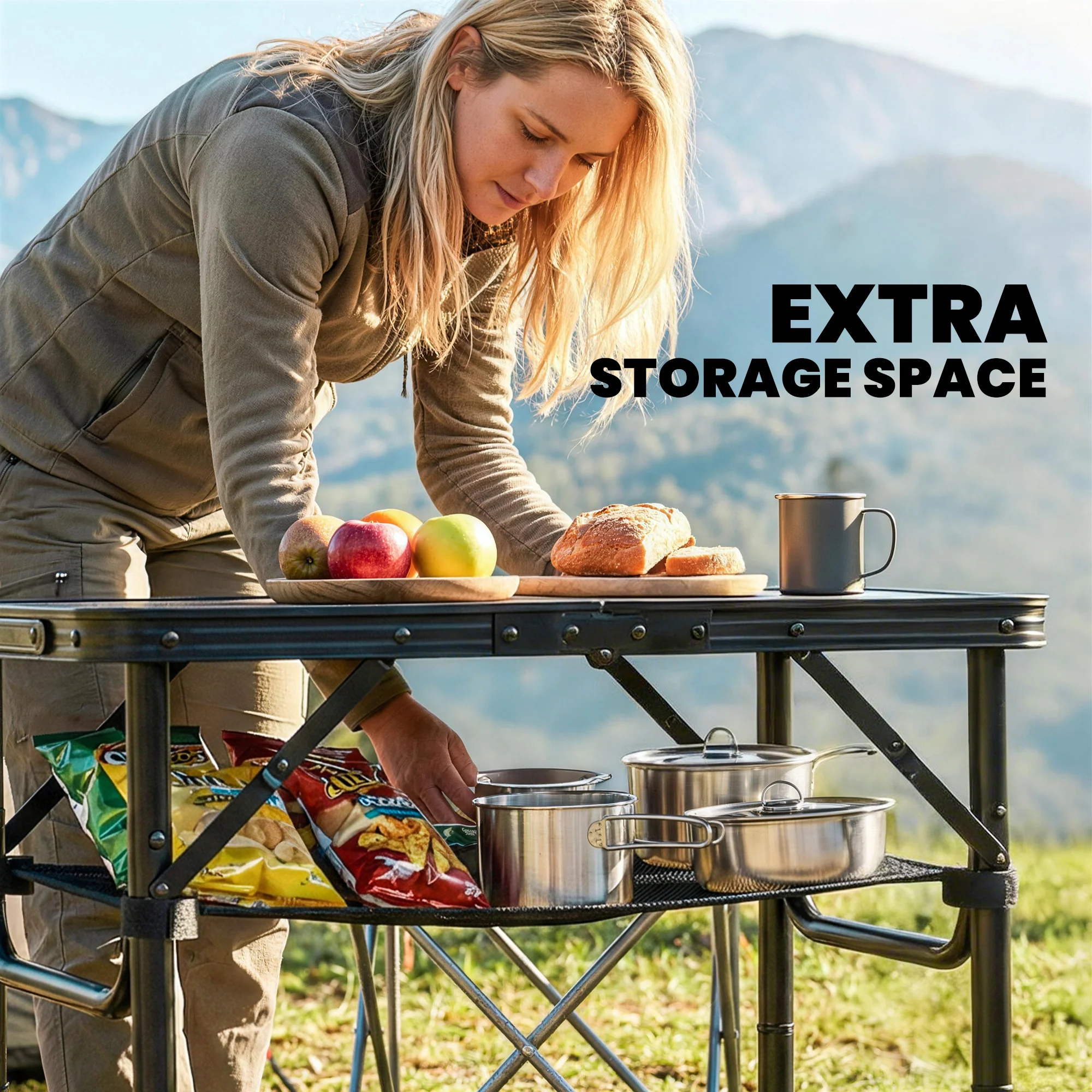 Outsunny 2ft Folding Camping Table, Picnic Table With Storage Layer, Black - Image 6