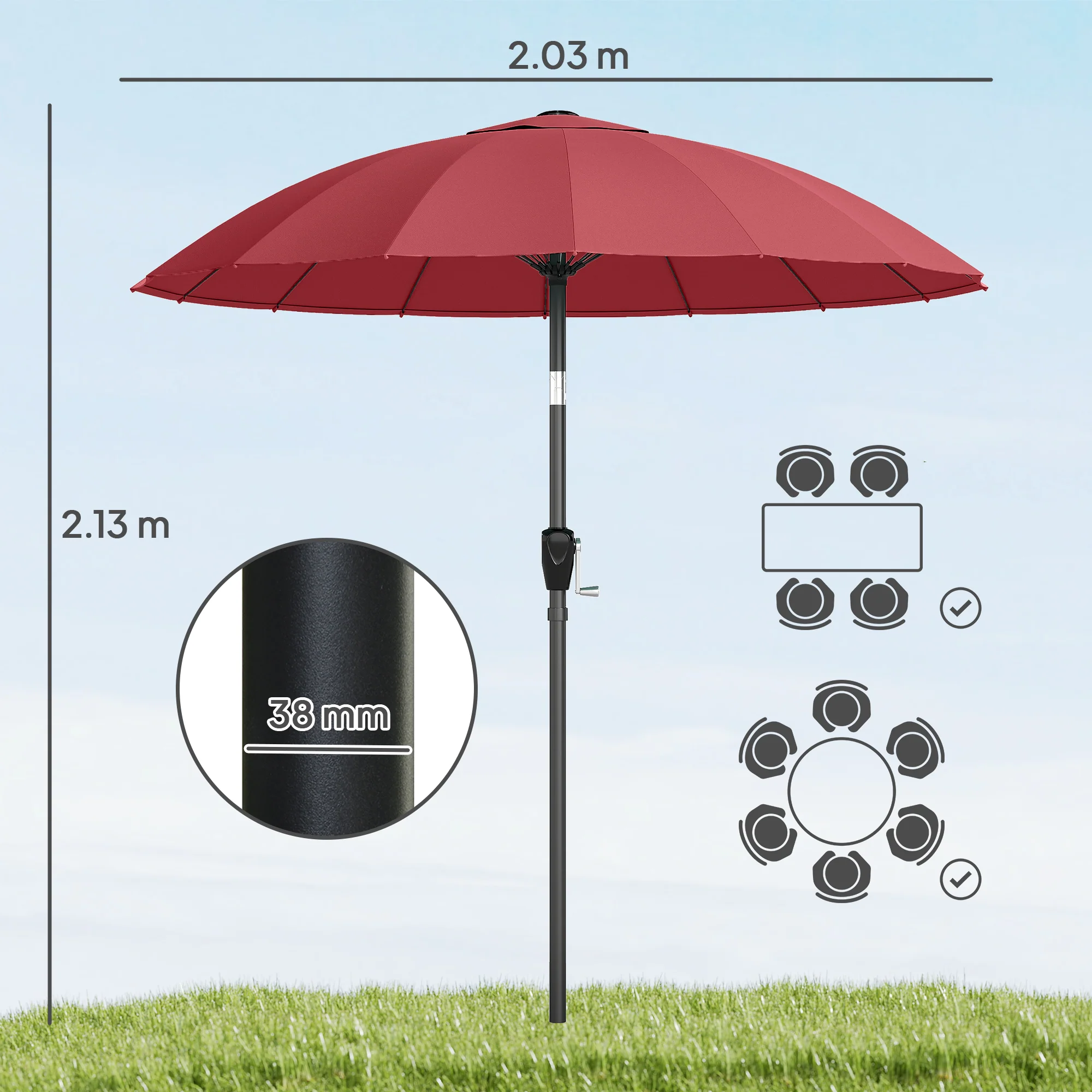 Outsunny 2m Shanghai Garden Parasol Umbrella, Outdoor Sun Shade, Wine Red - Image 3