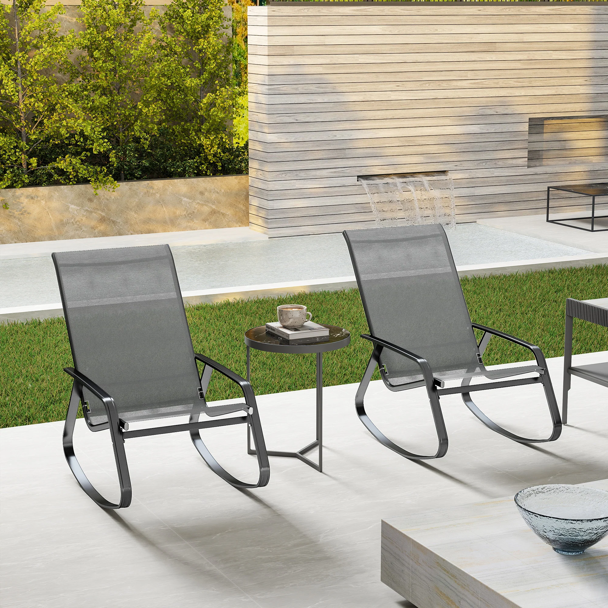 Outsunny 2PCS Garden Rocking Chairs with Armrests, High Back, Grey - Image 9