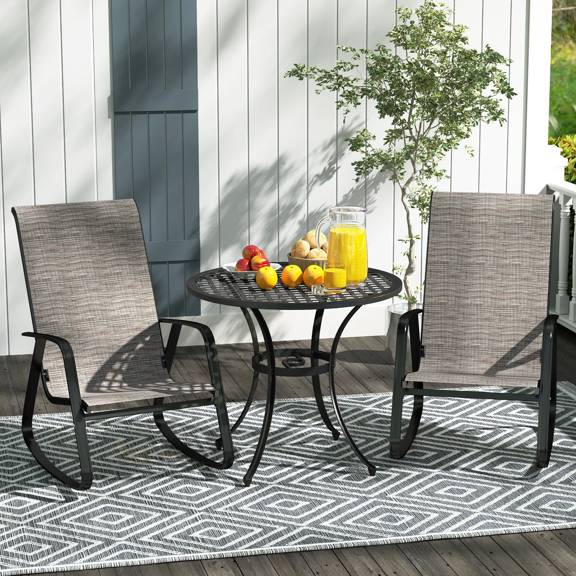 Outsunny 2PCS Garden Rocking Chairs with Armrests, High Back, Light Brown - Image 2