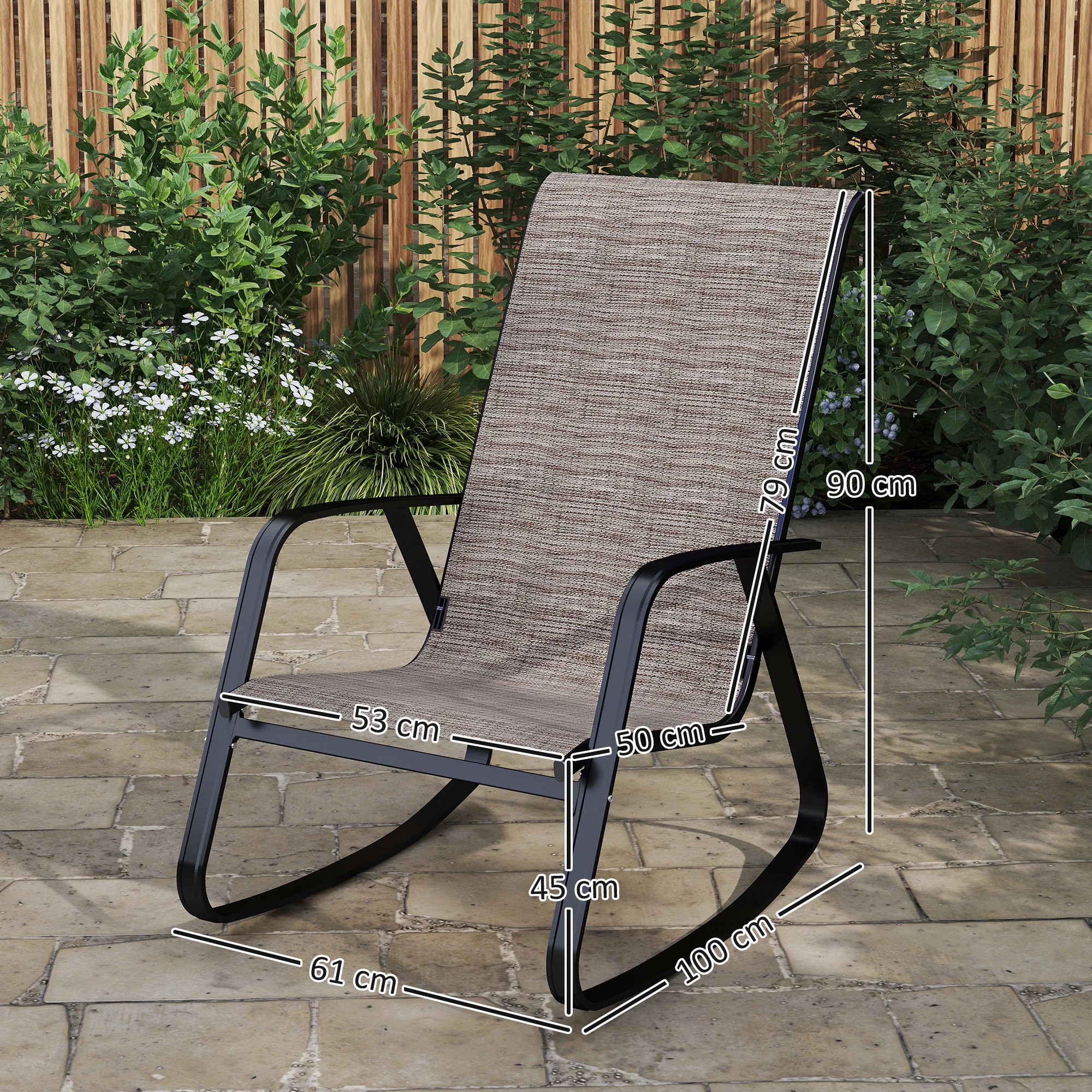 Outsunny 2PCS Garden Rocking Chairs with Armrests, High Back, Light Brown - Image 5