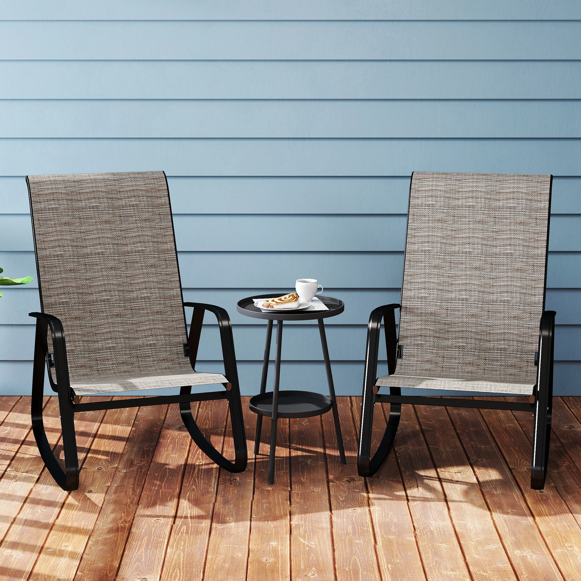 Outsunny 2PCS Garden Rocking Chairs with Armrests, High Back, Light Brown - Image 8