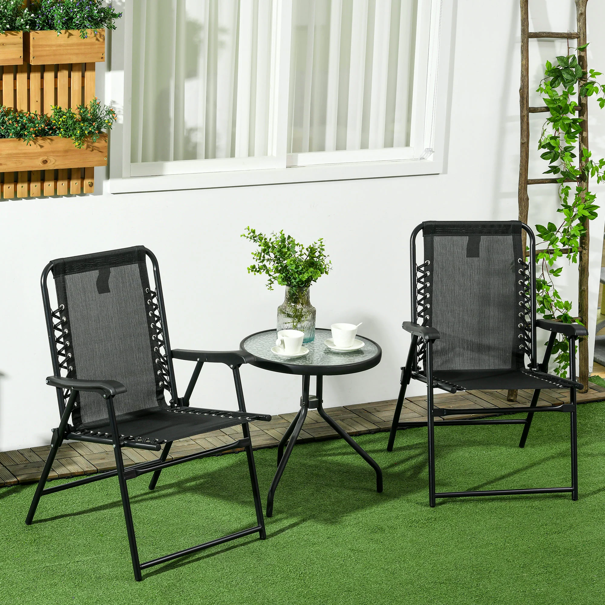 Outsunny 2Pcs Outdoor Patio Folding Chairs, Portable Garden Loungers Black - Image 2