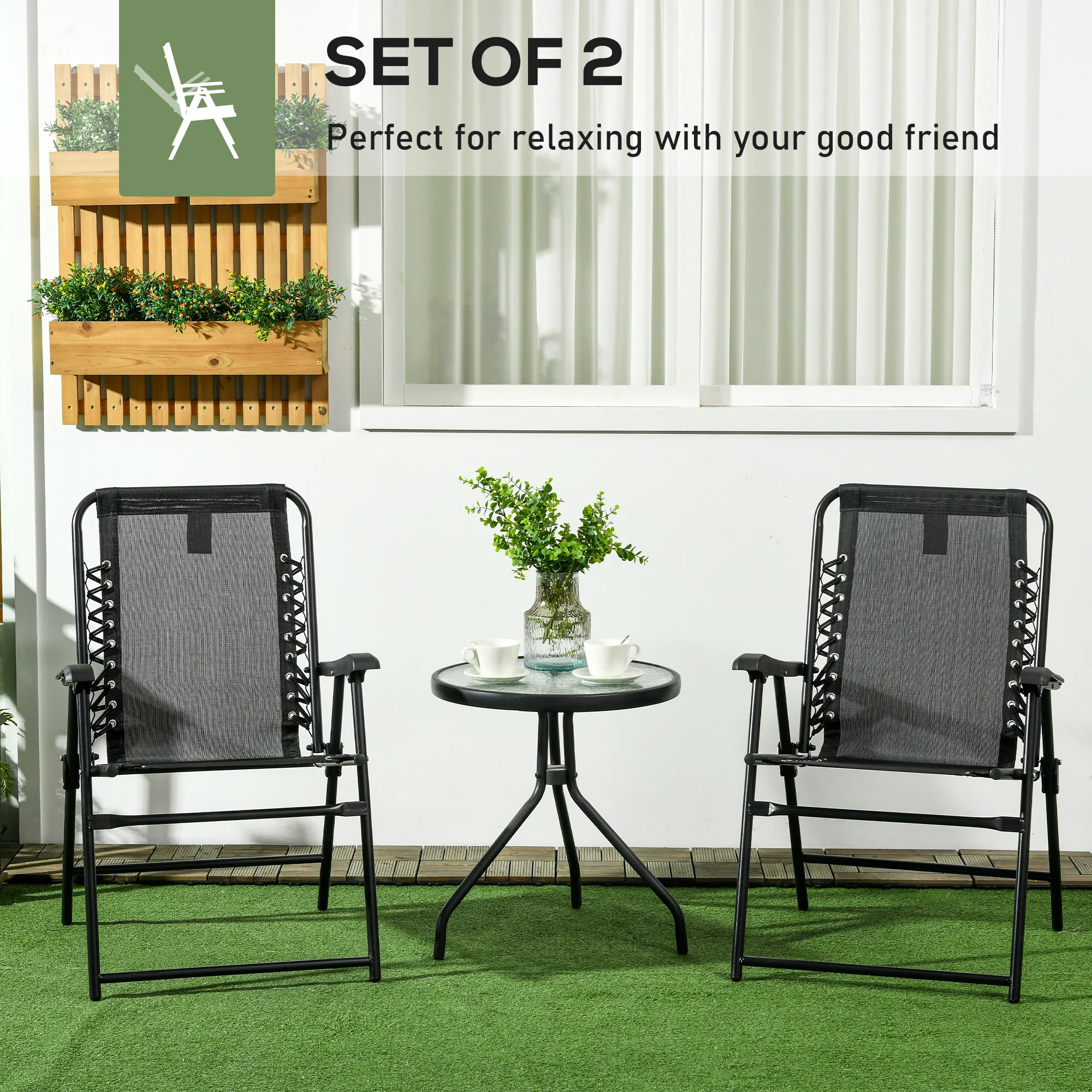 Outsunny 2Pcs Outdoor Patio Folding Chairs, Portable Garden Loungers Black - Image 3