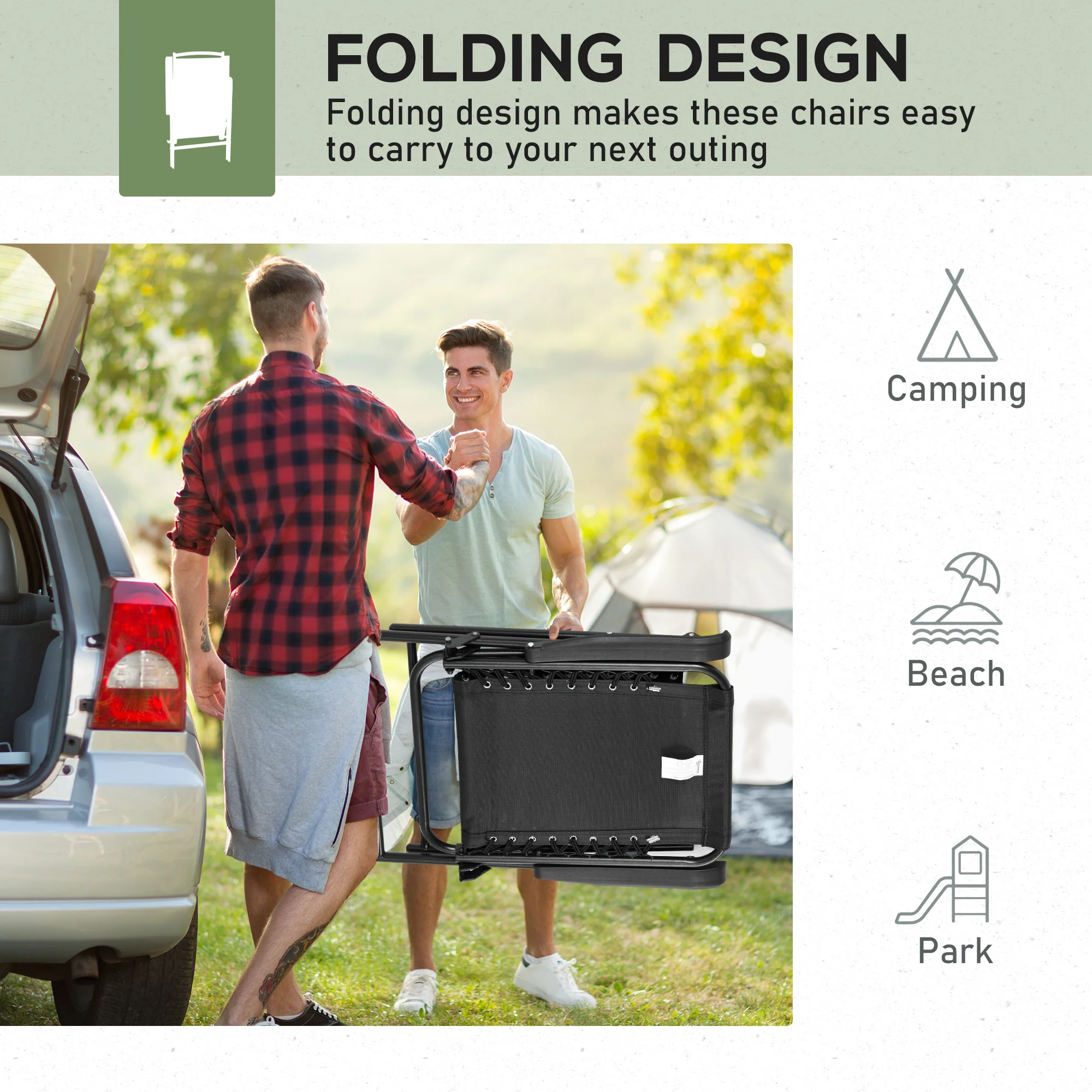 Outsunny 2Pcs Outdoor Patio Folding Chairs, Portable Garden Loungers Black - Image 4