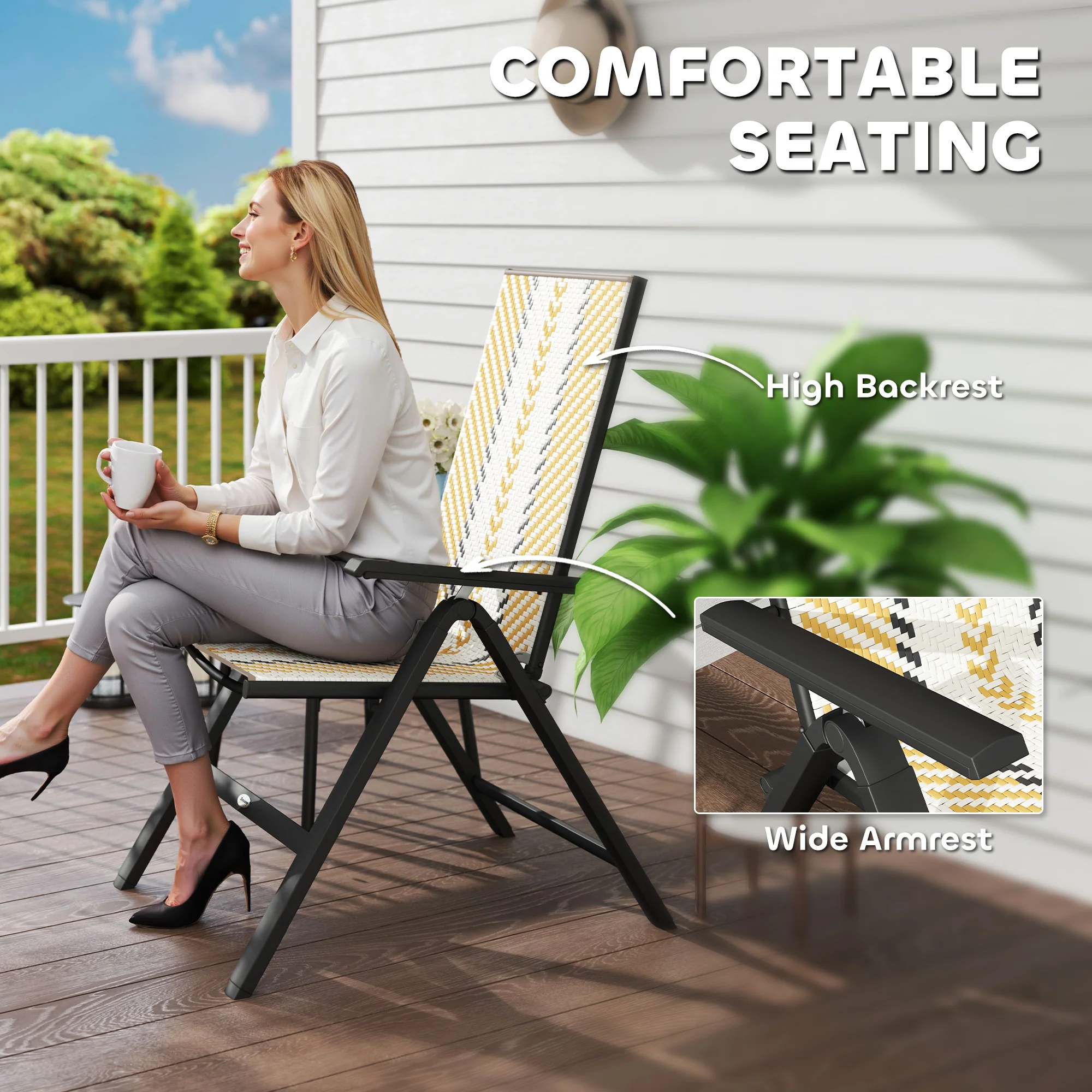 Outsunny 2PCs Rattan Folding Chair w/ 5-Position Adjustable Backrest - Image 25