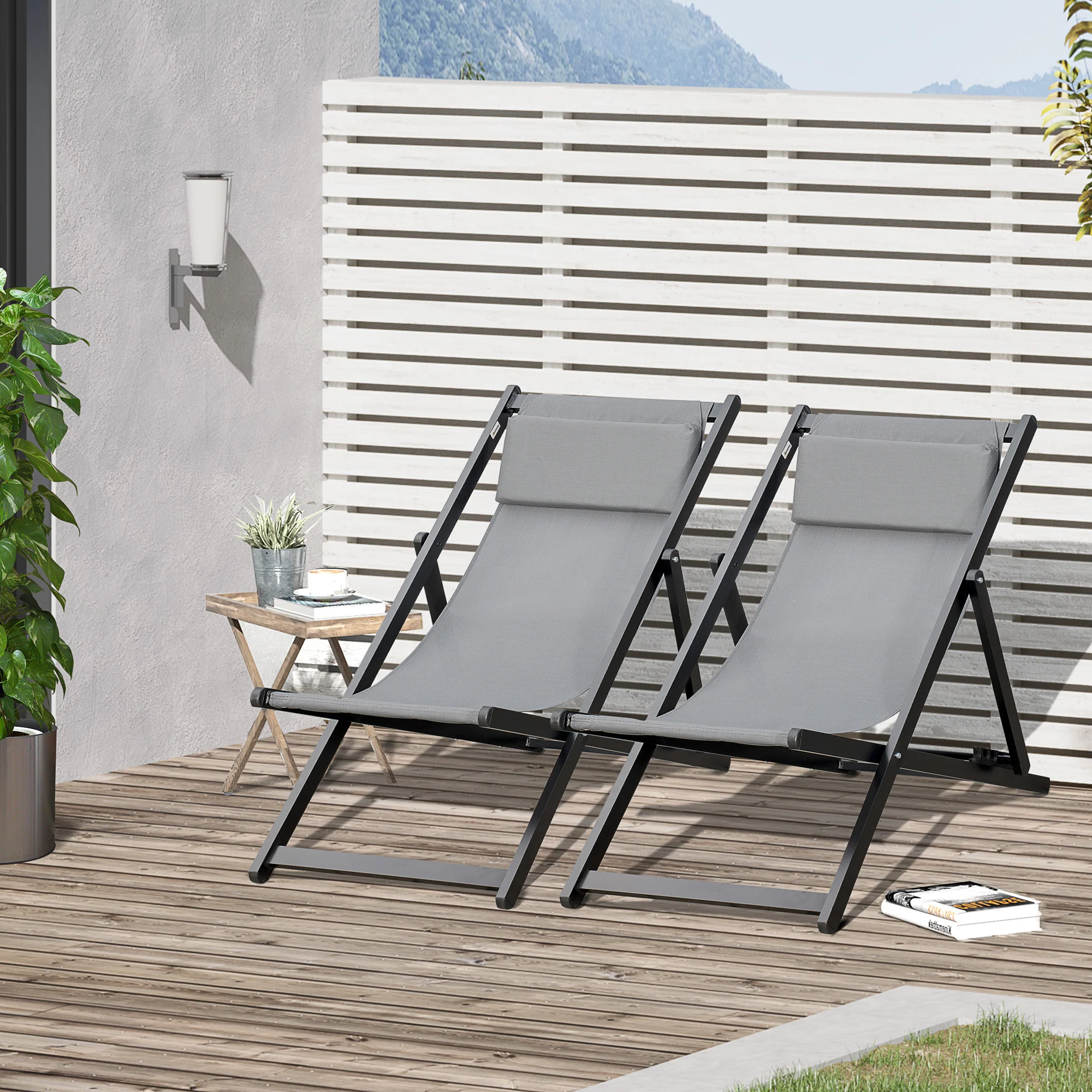Outsunny 2Pcs Texteline Chaise Lounge Recliner Chair Adjust Lounger Patio Grey - Image 2