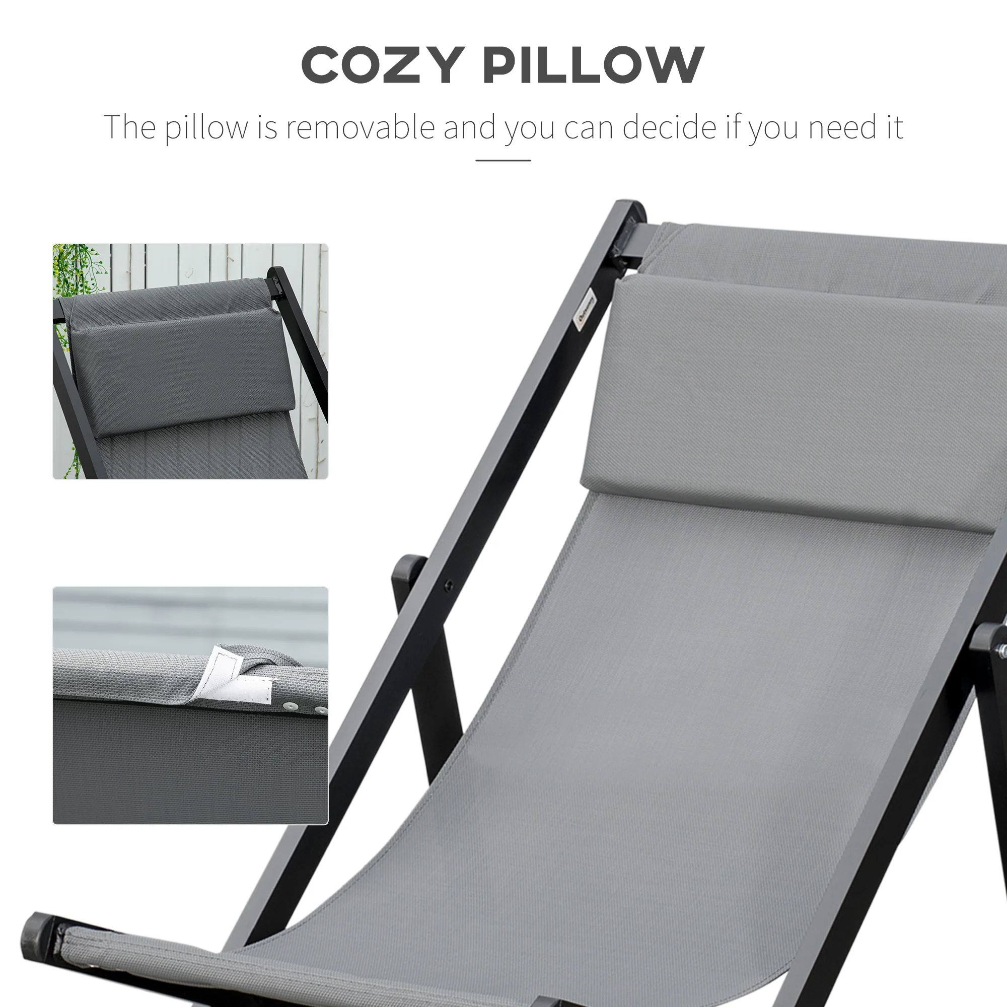 Outsunny 2Pcs Texteline Chaise Lounge Recliner Chair Adjust Lounger Patio Grey - Image 7